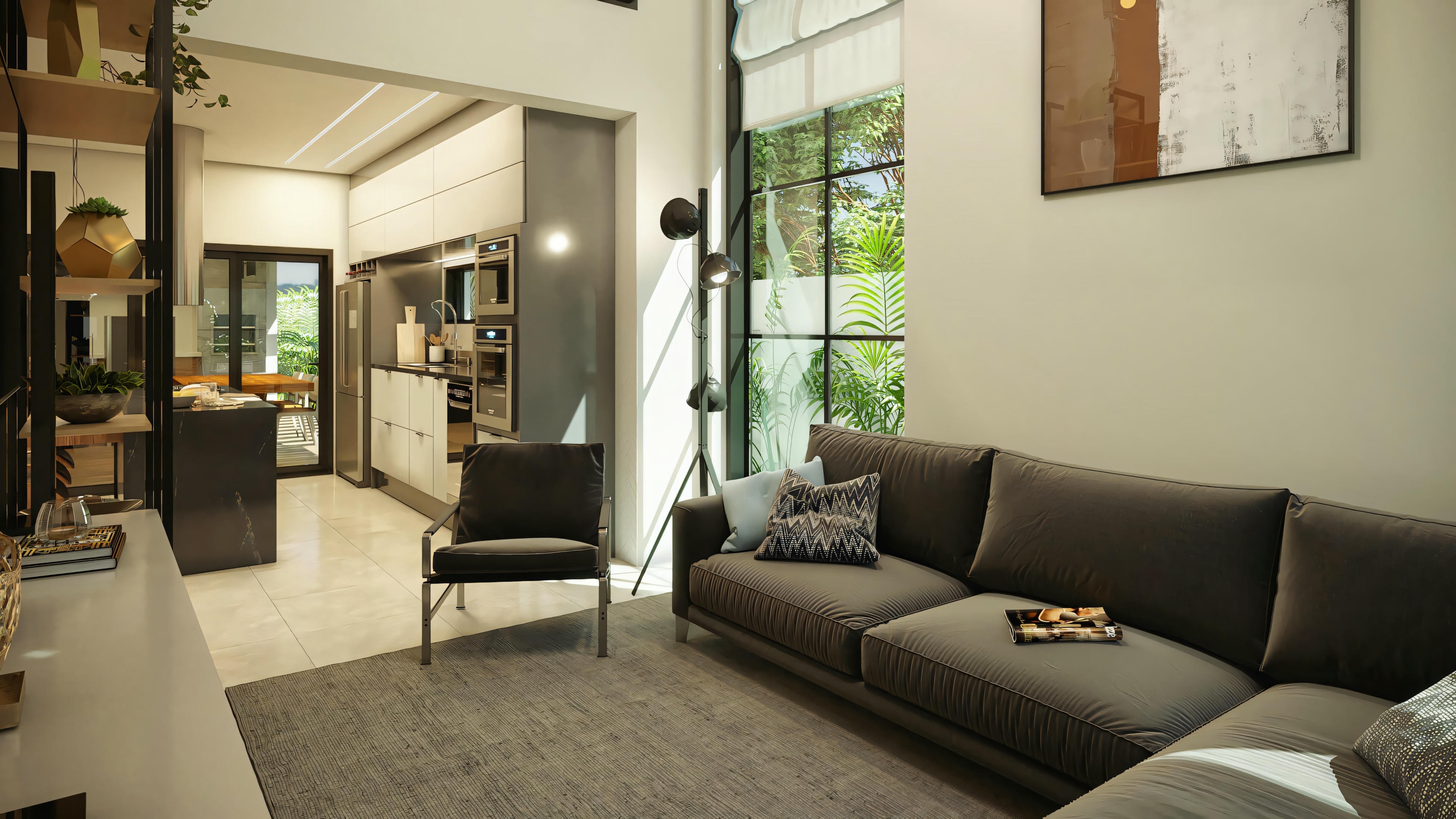 Modern living room with a dark sofa, black armchair, and floor lamp, with a large window in the background.