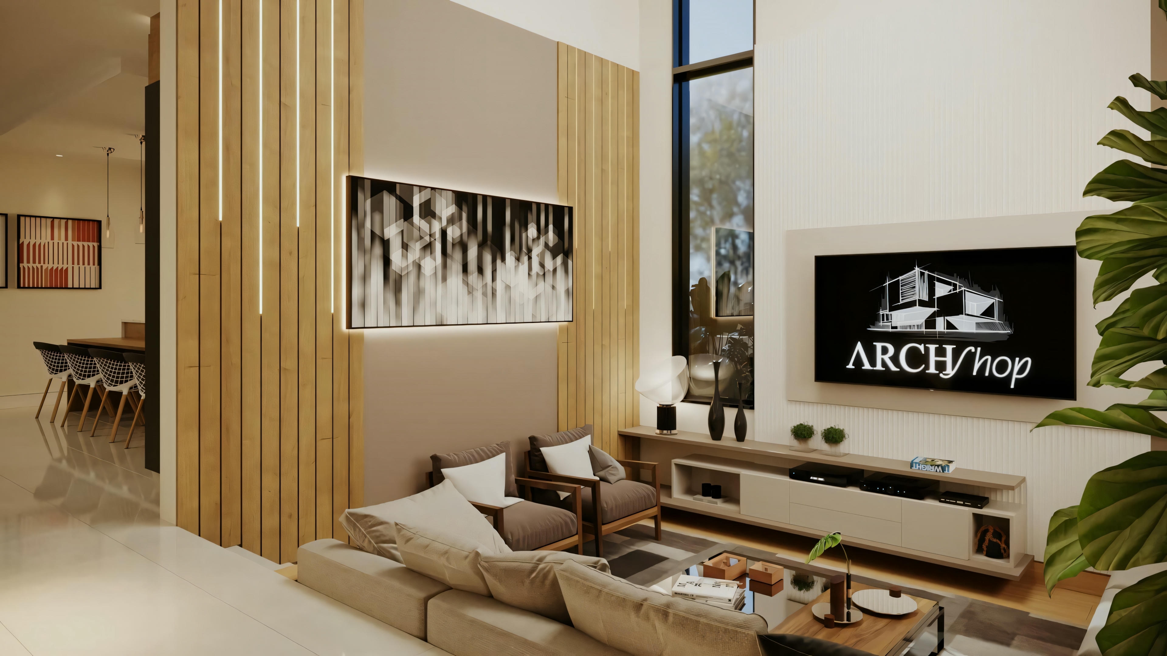A modern living room with a large window, sheer curtains, and comfortable seating area with sofas and decorative pillows.