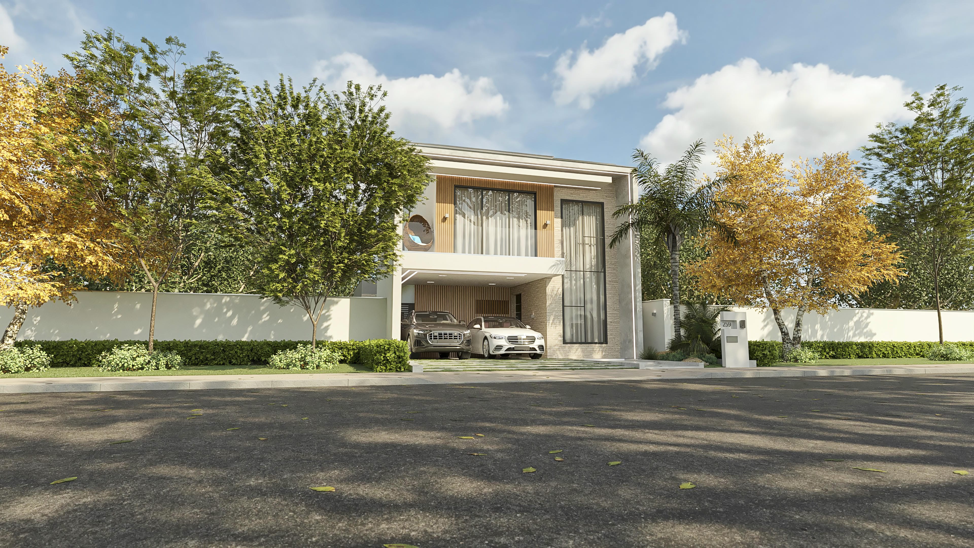 Modern facade of a two-story house with 3 bedrooms, suite, gourmet area, and pool. Ideal for 10x25 lots, with contemporary design and high-quality materials.