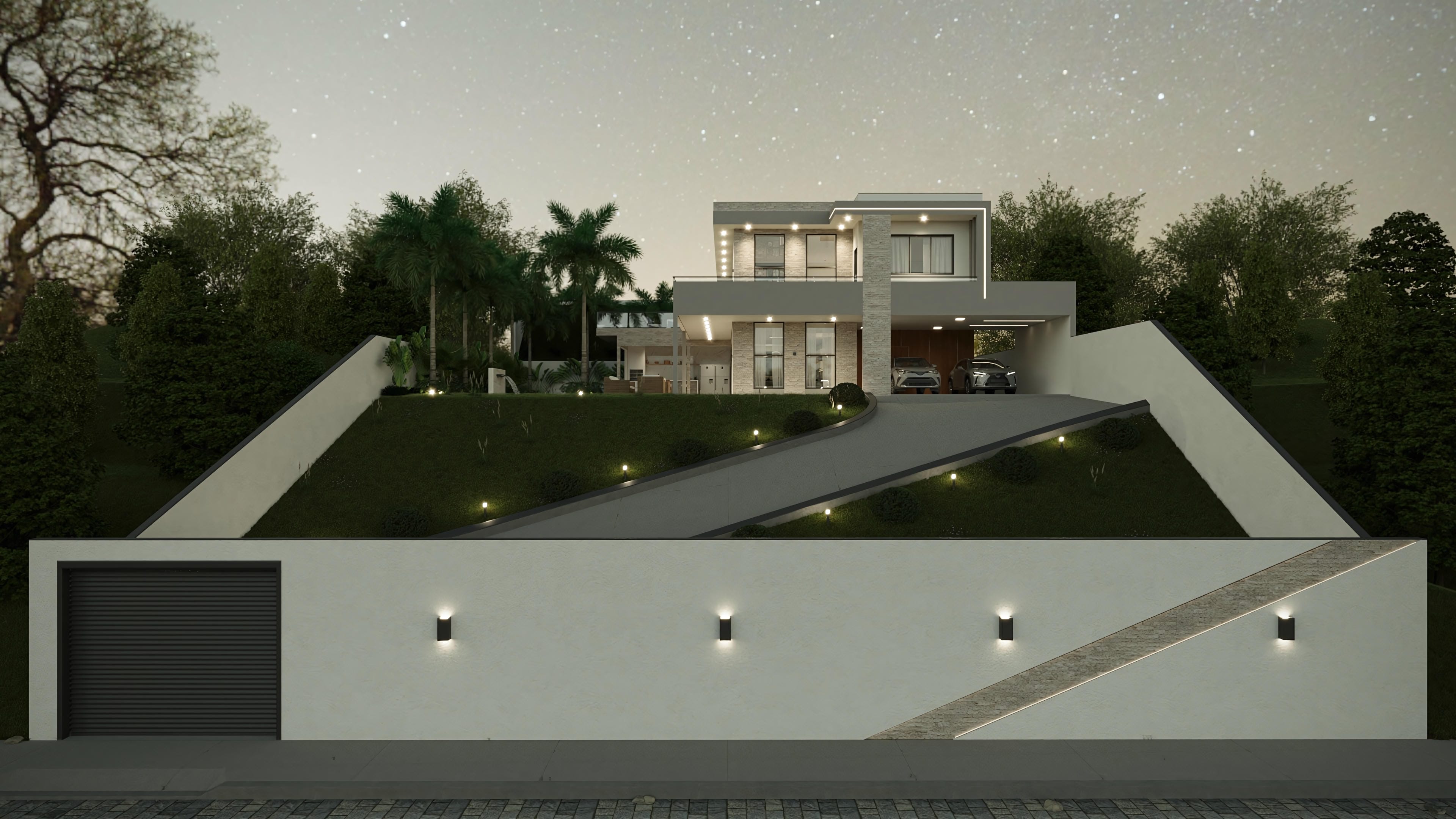 External view of a modern two-story house with a bold facade, stone details, and LED lighting. It has 4 suites, a gourmet area, and a swimming pool.