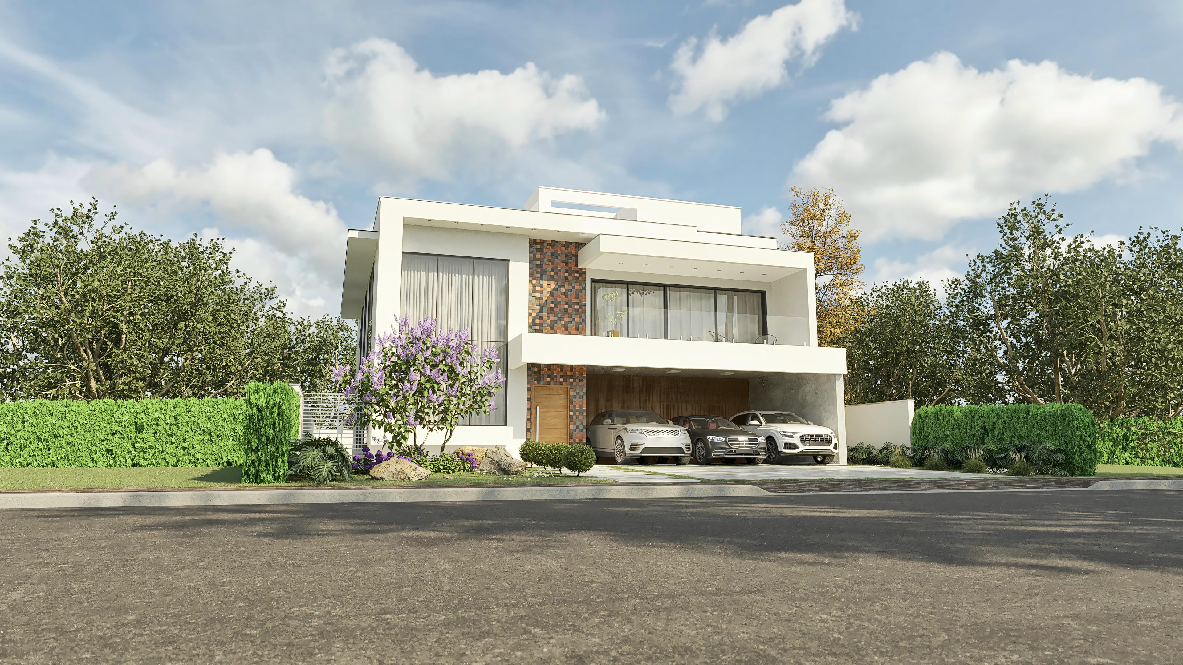Modern two-story house facade with 4 suites and office, featuring white volumes, wood details, and large windows.