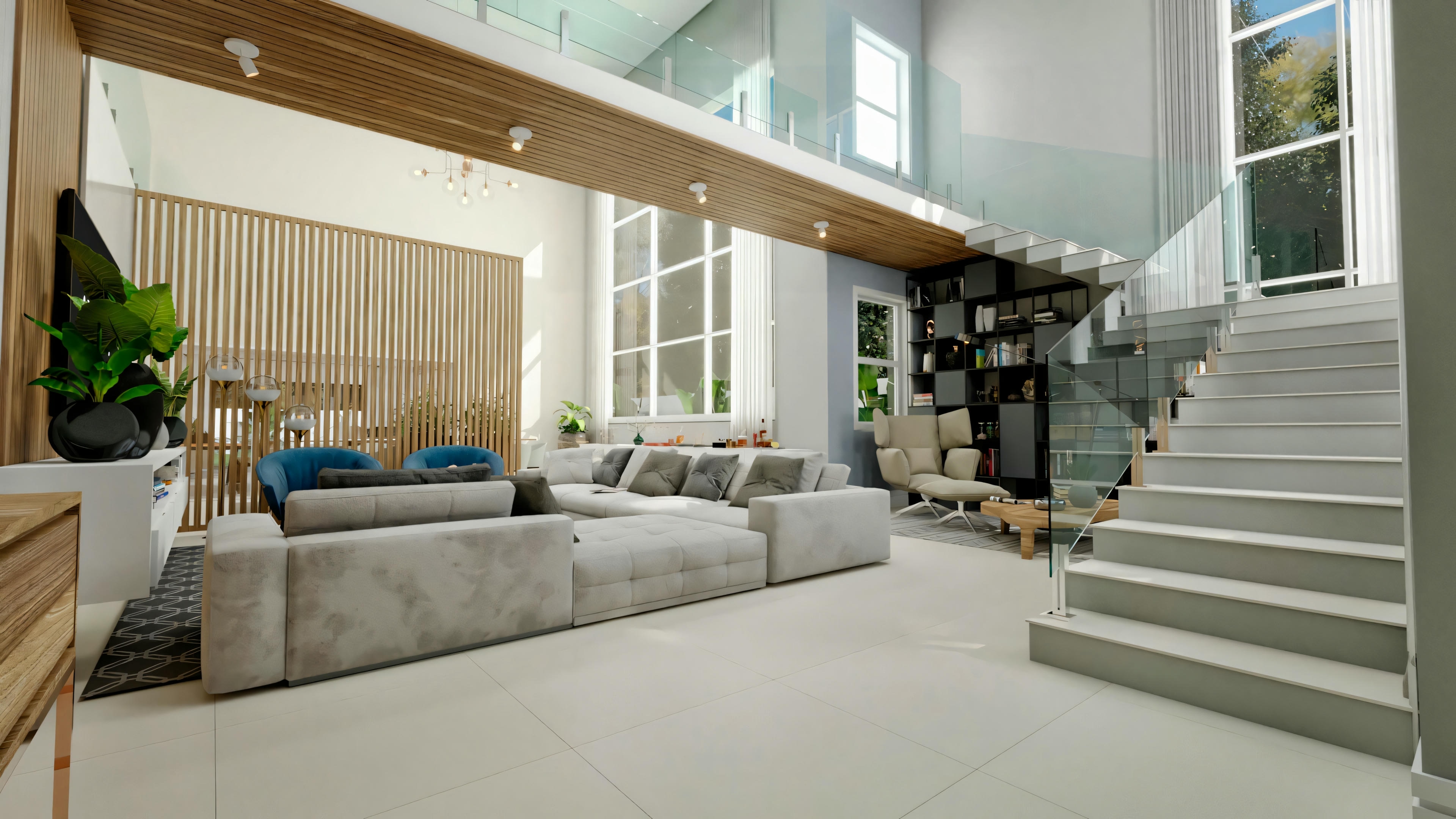 Interior of a modern neoclassical house, showing a large living room with a double-height ceiling, staircase with glass railing, slatted wood panel, and contemporary decoration.