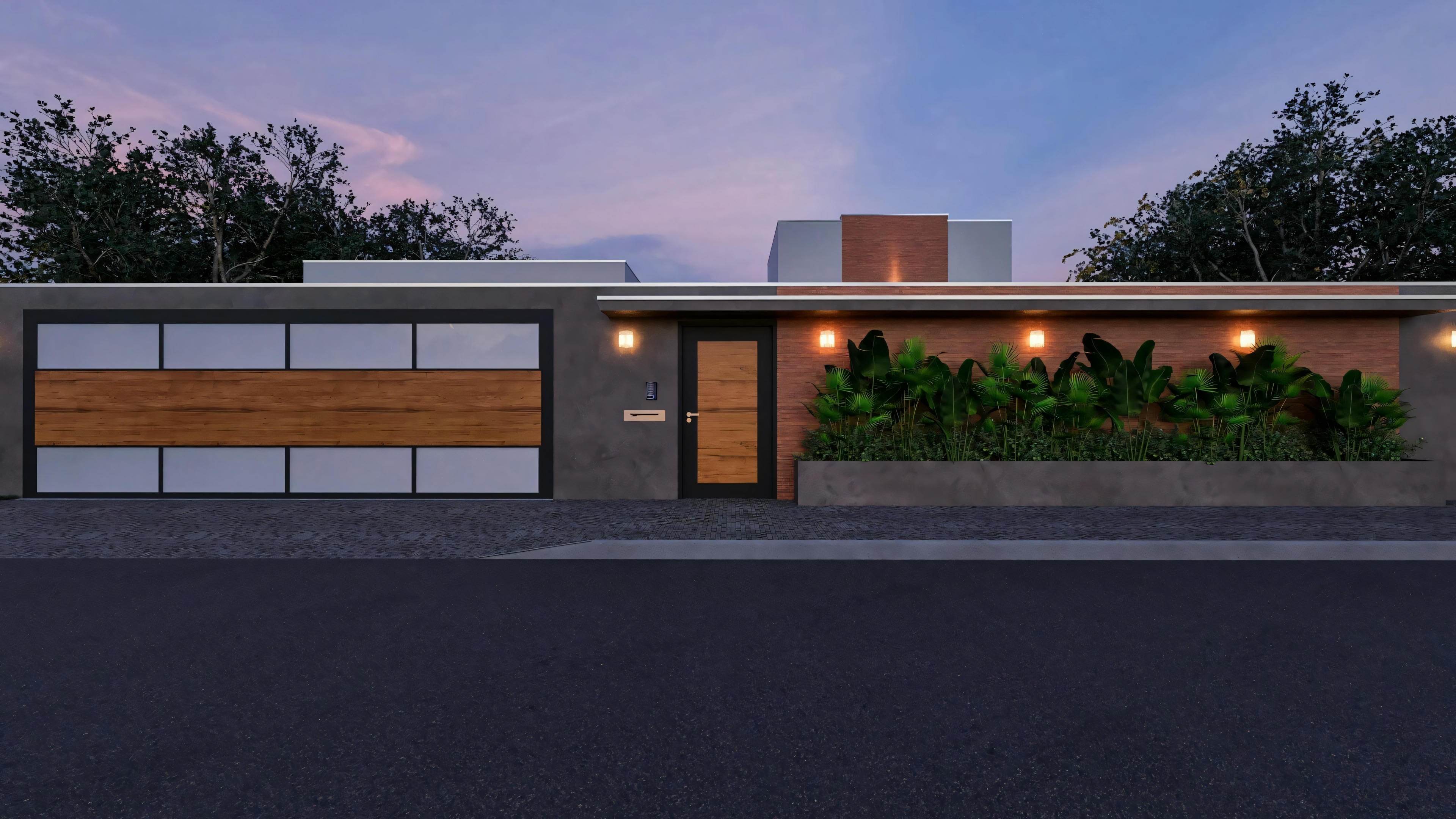 Night lighting of the wall and entrance gate for a bungalow house project with 3 suites; highlighting the built-in lights on the landscaping and modern design.