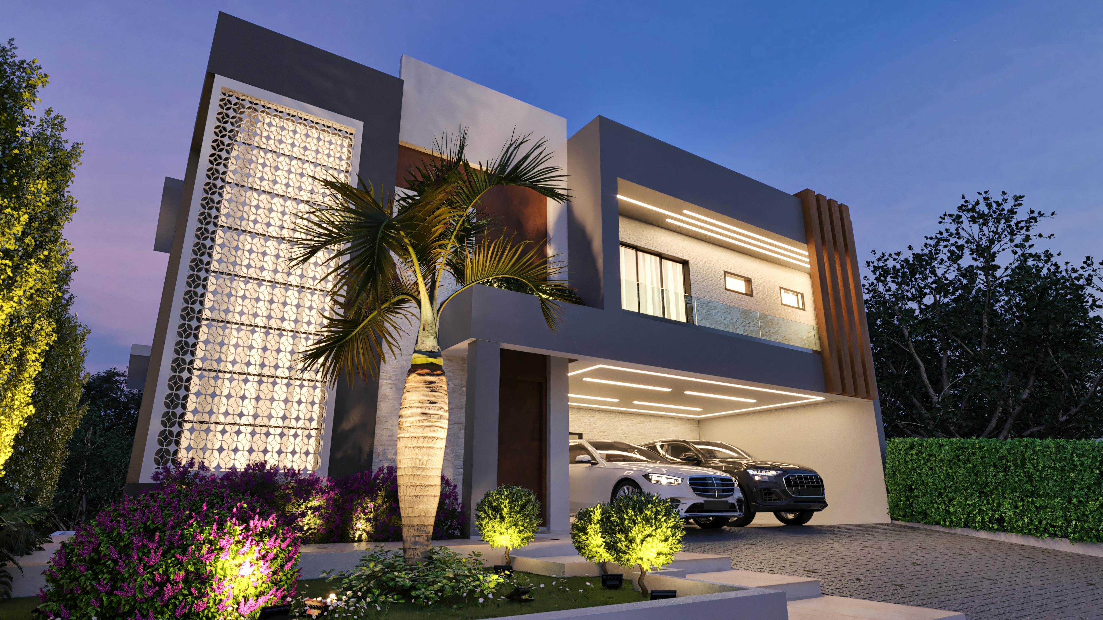 Projeto de casa contemporânea de 394.84m² em perspectiva noturna, 4 suítes, piscina, escritório e área gourmet. Fachada com destaque para painel decorativo (cobogó) iluminado, garagem para 3 carros com iluminação interna, e paisagismo valorizado por luzes cênicas, em terreno 20x25.