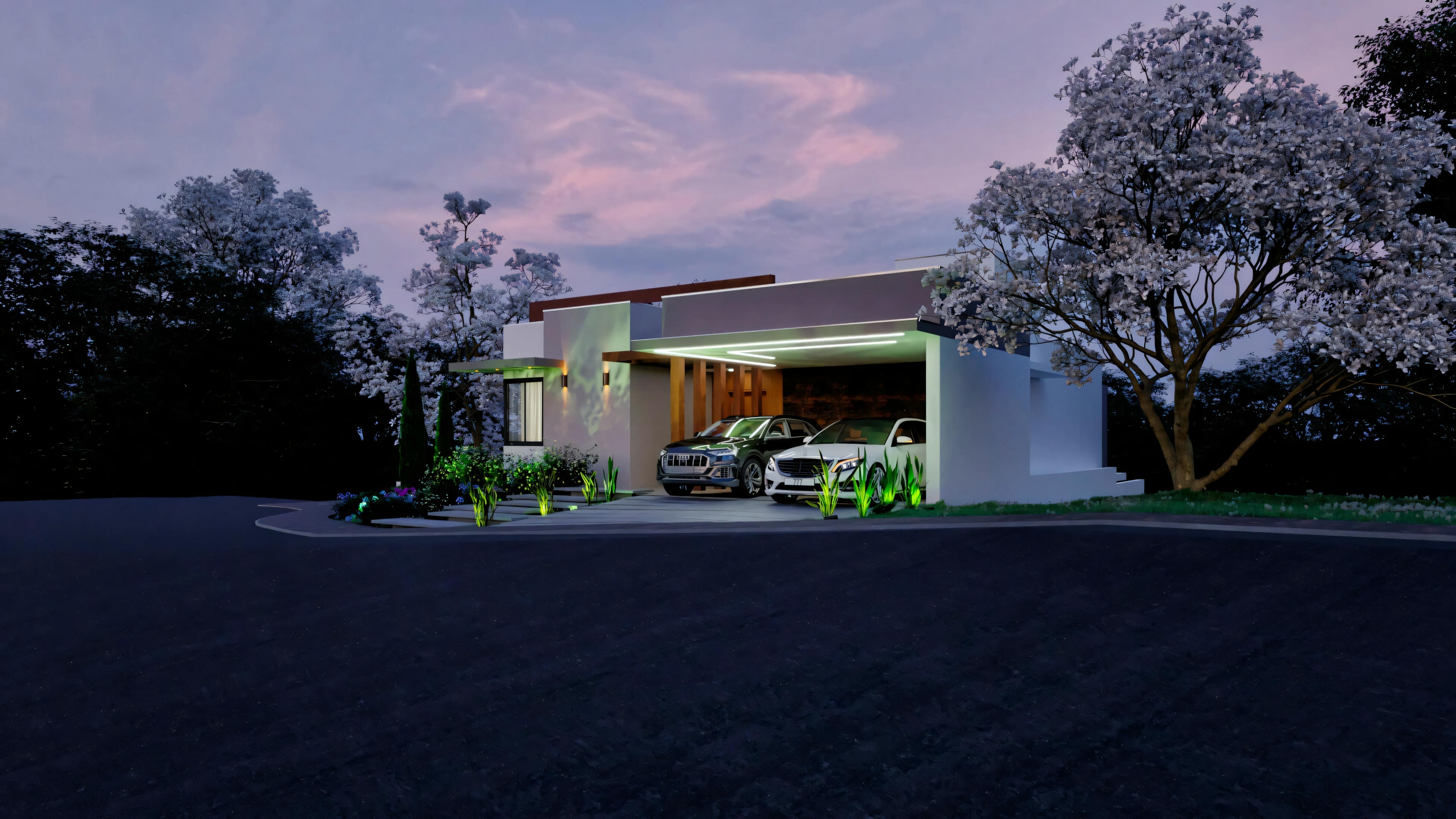 Fachada em ângulo amplo com iluminação noturna, parte de projeto pronto para casa térrea com 5 suítes (364.7m²). Destaque para garagem dupla, entrada sofisticada e paisagismo valorizado pela luz.