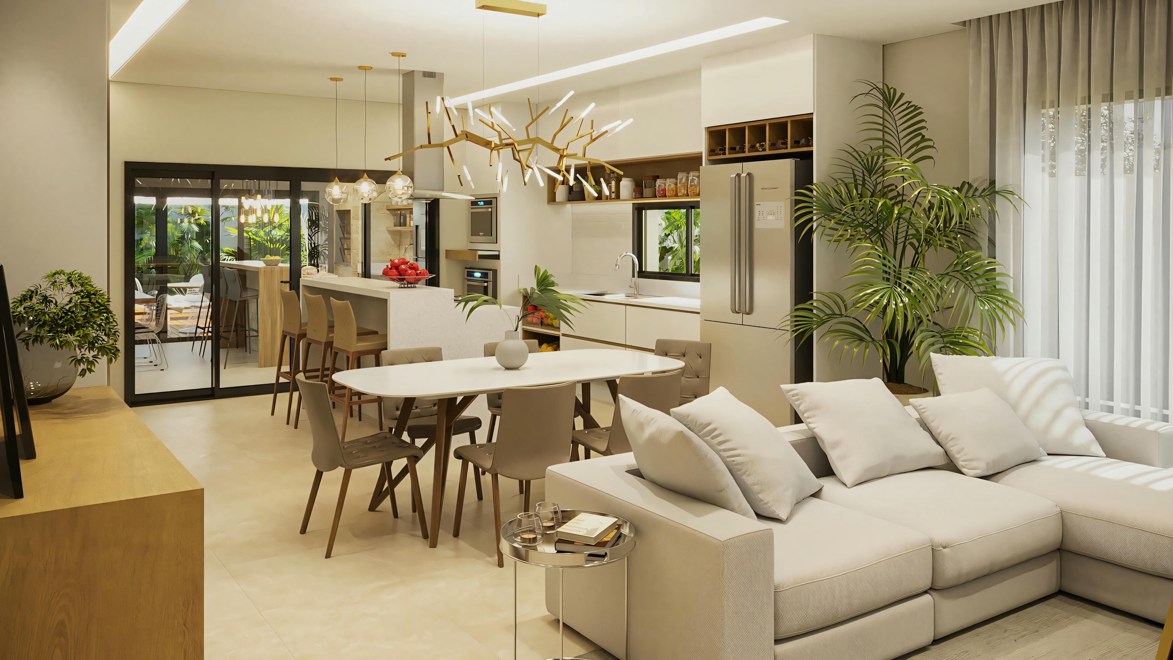 Ready-made single-story house project with 2 suites (170.8sqm): internal view of the social area with living room, dining room, and modern kitchen with island, integrated. Contemporary, spacious, and functional design, with a view to the gourmet area at the back.