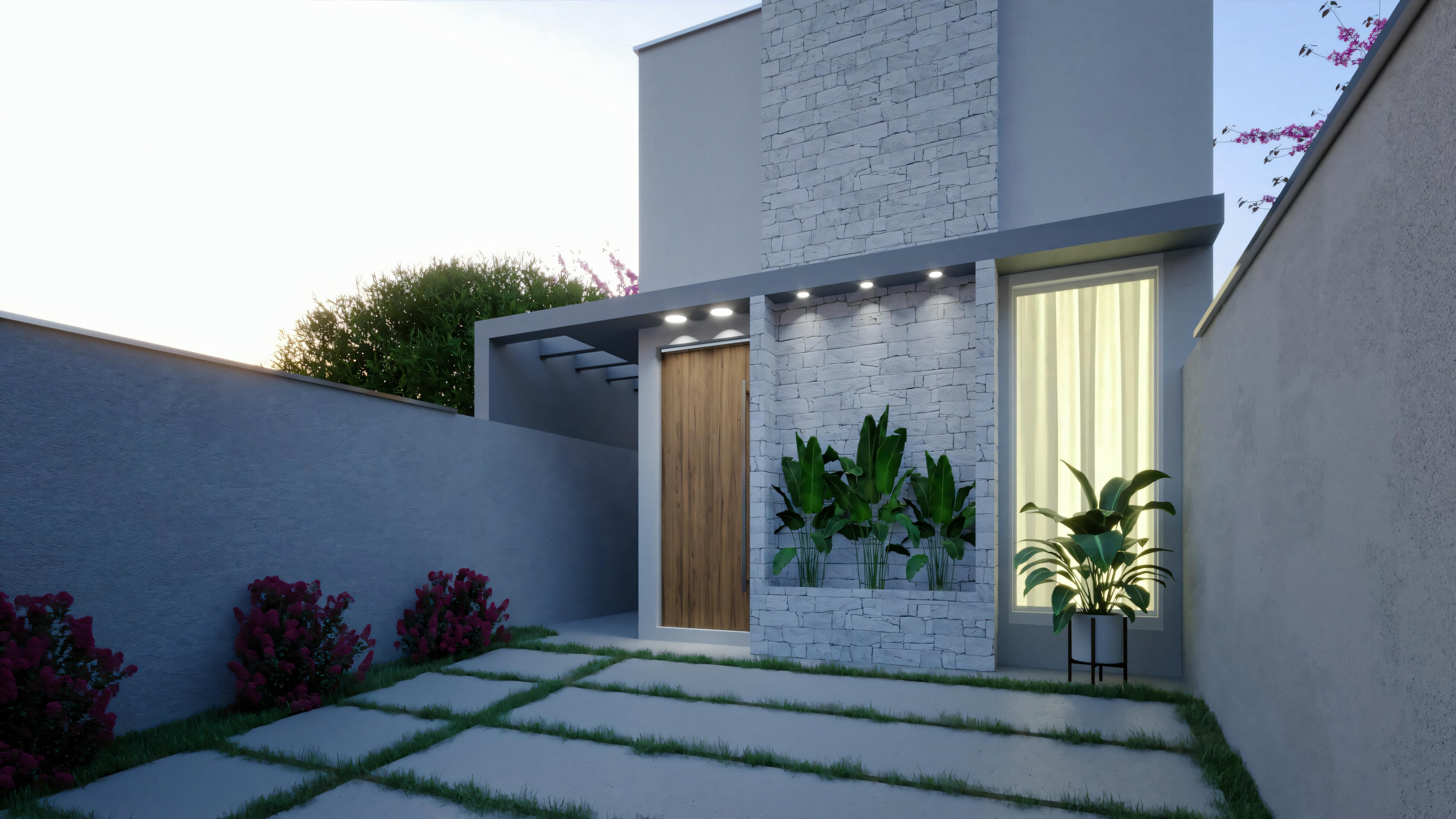 Night facade of a ready-made plan for a small 2-bedroom house on a 5x25 lot. Lighting highlights the modern architecture with stone cladding and pergola.