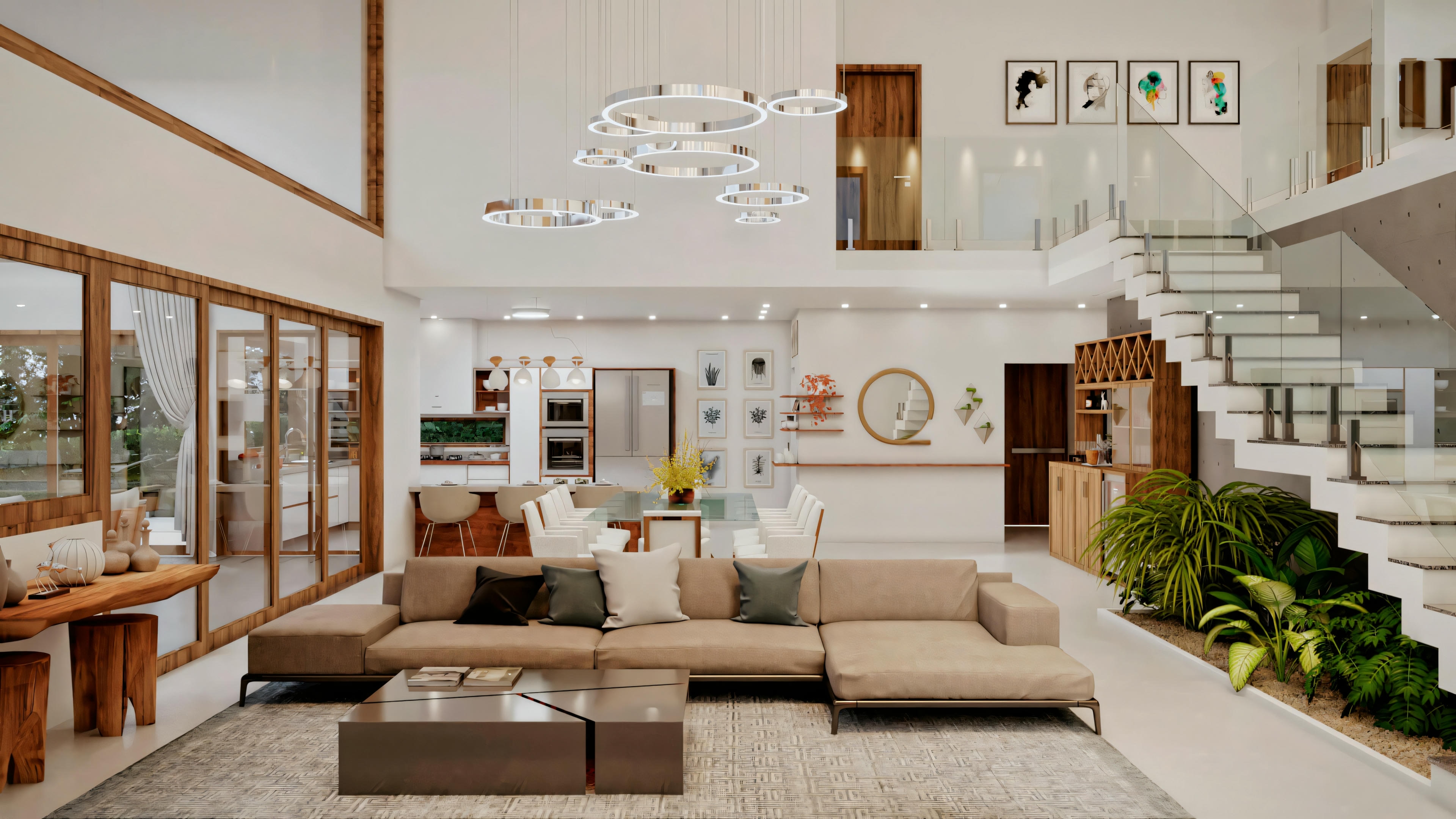 Uma sala de estar com sofás, mesa de centro e elementos decorativos como almofadas e arte na parede.