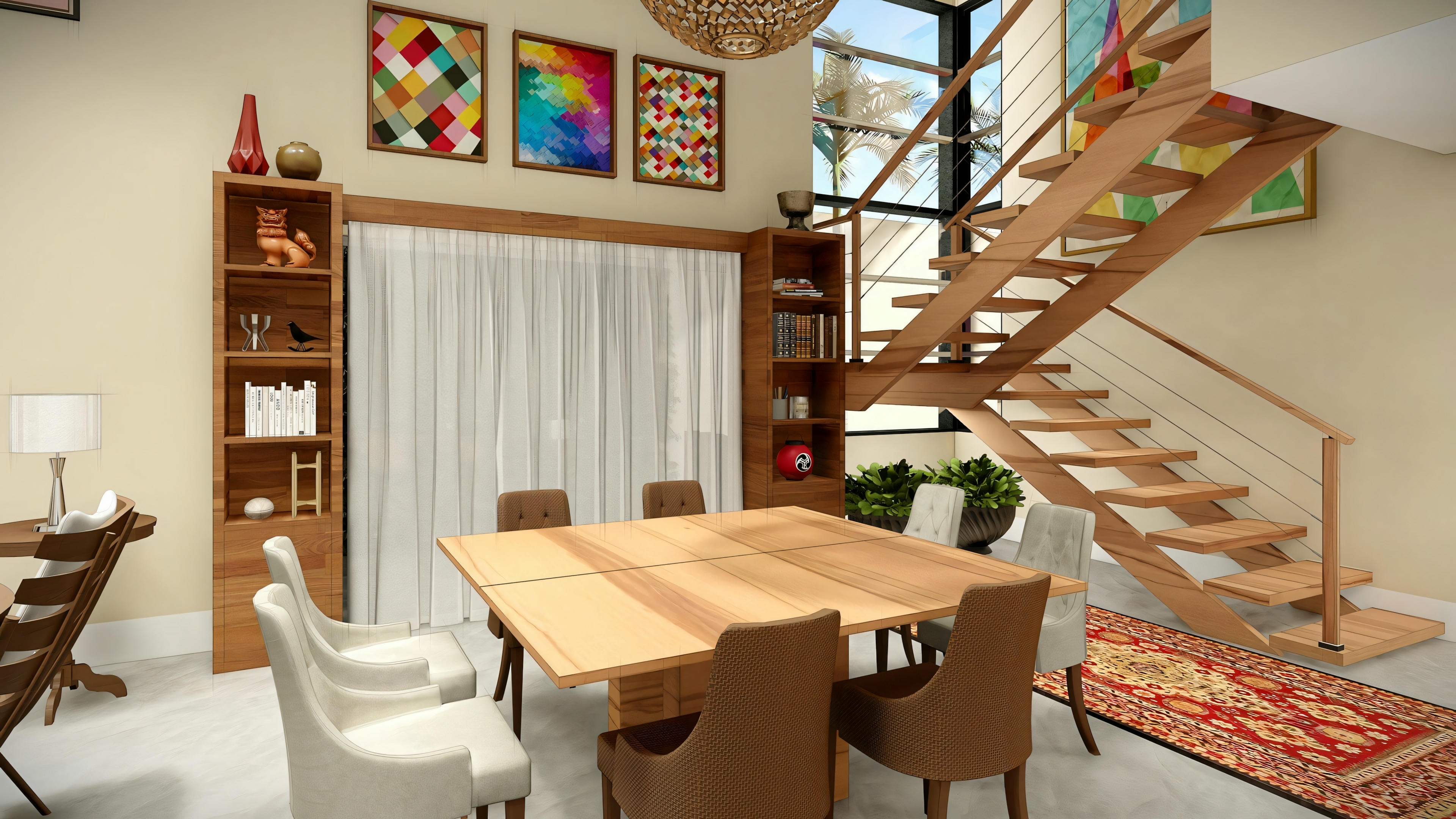 Uma sala de jantar com mesa, cadeiras e uma escada que leva ao andar superior. As paredes são decoradas com obras de arte coloridas e o ambiente é bem iluminado com luz natural das janelas.