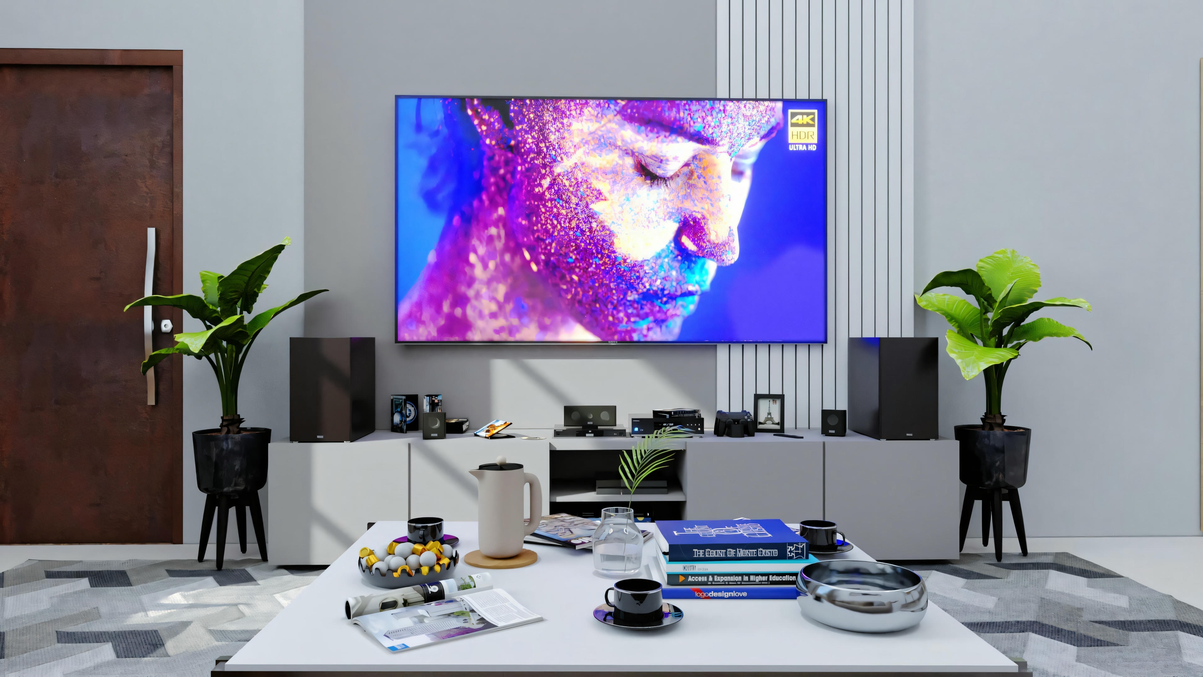 Uma sala moderna com móveis contemporâneos, incluindo uma mesa com pratos e um setup de computador com várias telas.