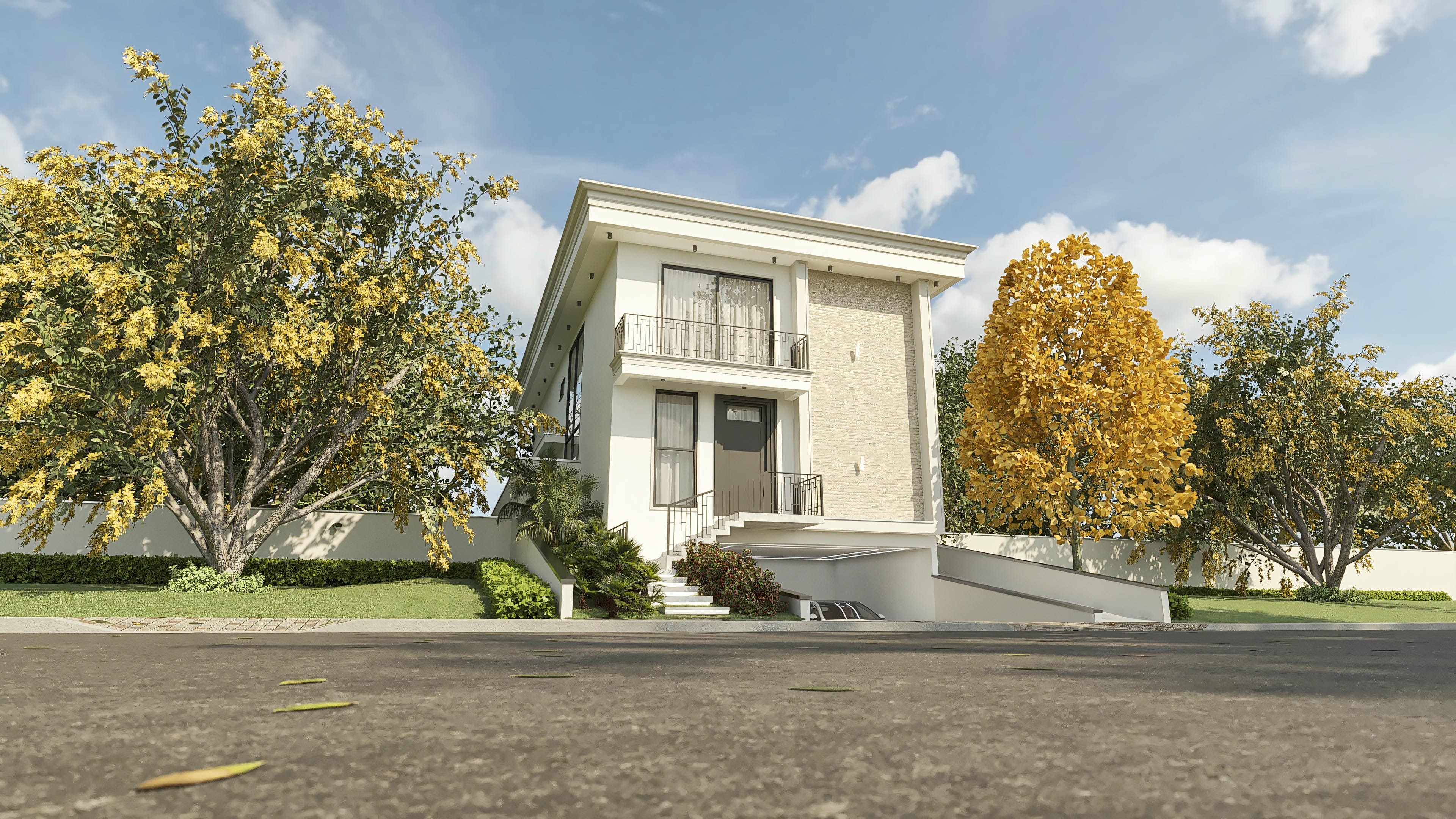 Fachada clássica de sobrado com 4 suítes, área gourmet e home office. Detalhes em pedra, amplas janelas e sacadas com guarda-corpo metálico. Inclui piscina.