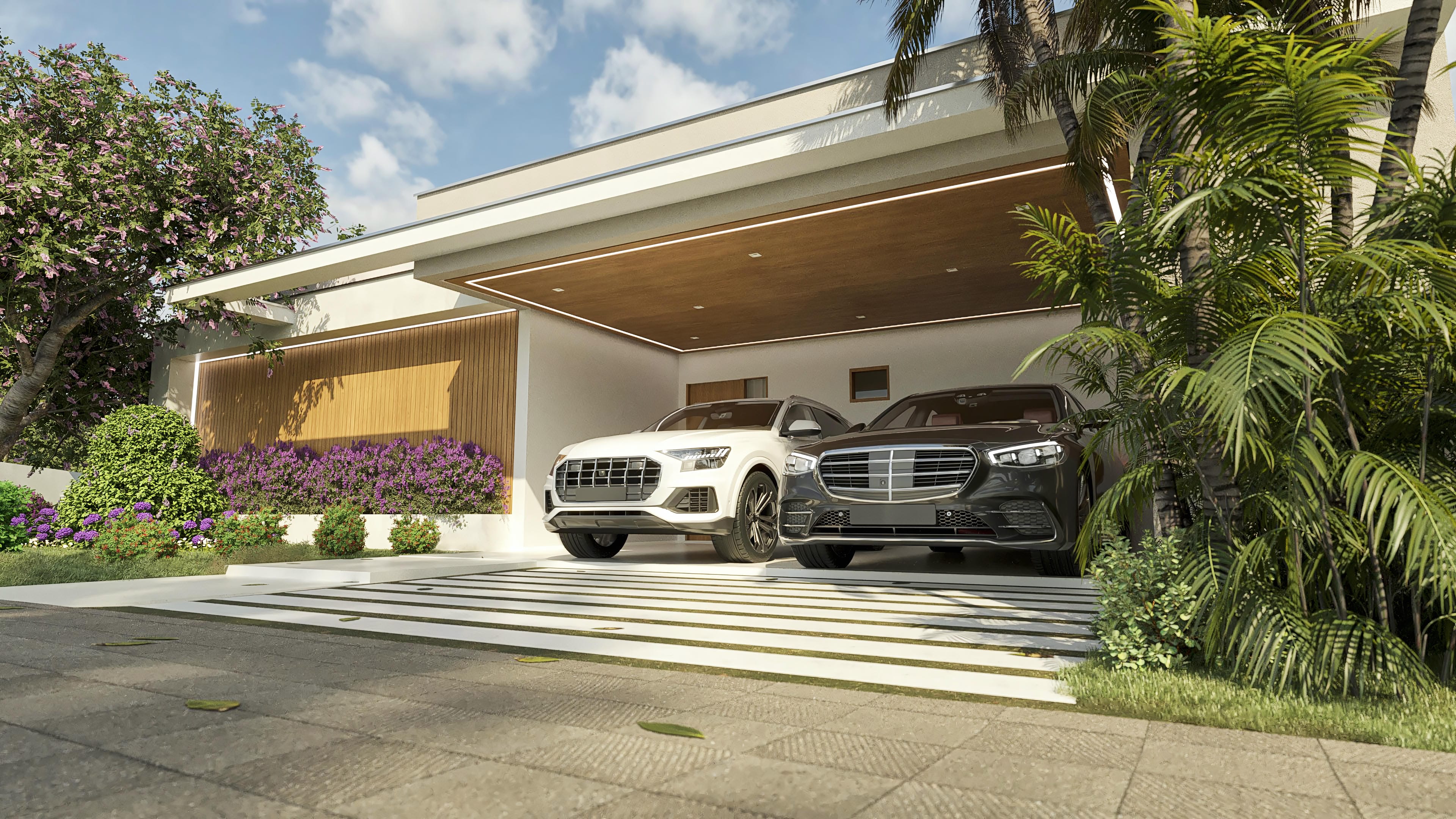 Modern facade of a single-story house with 2 covered parking spaces under a wooden pergola, details in linear lighting, and lush landscaping with purple flowers.