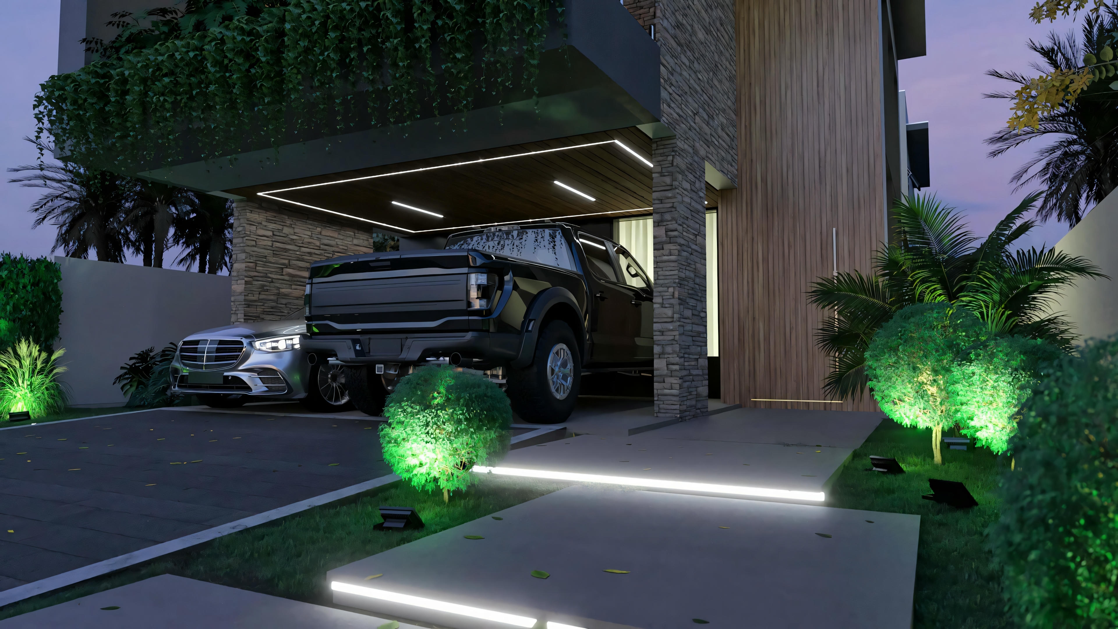 Night close-up of the two-car garage of the modern two-story house, highlighting the LED lighting on the vertical slatted wood, exposed brick, and entrance path.