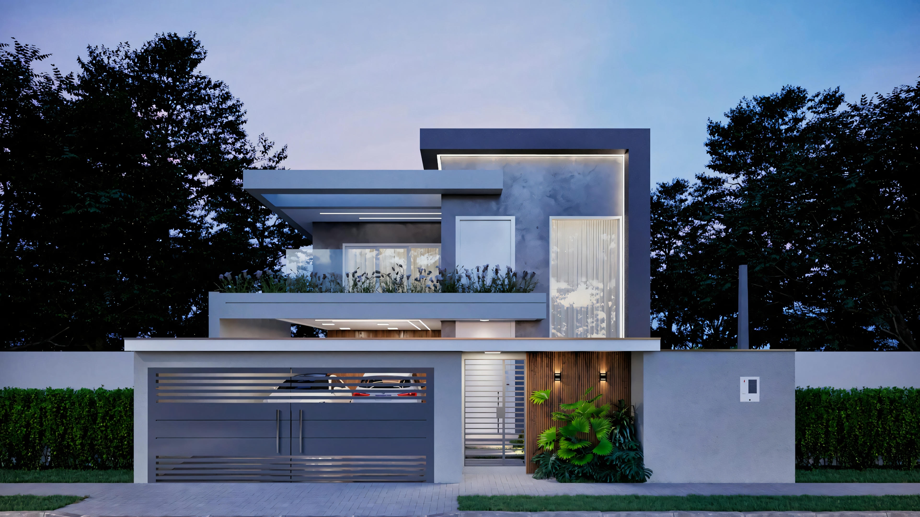 Vista noturna iluminada do projeto arquitetônico ArchShop de casa moderna com 3 suítes, piscina e 250.56m². Fachada contemporânea com iluminação embutida e decorativa, portão moderno, garagem, varanda com paisagismo. Projeto residencial para terreno 12x25.