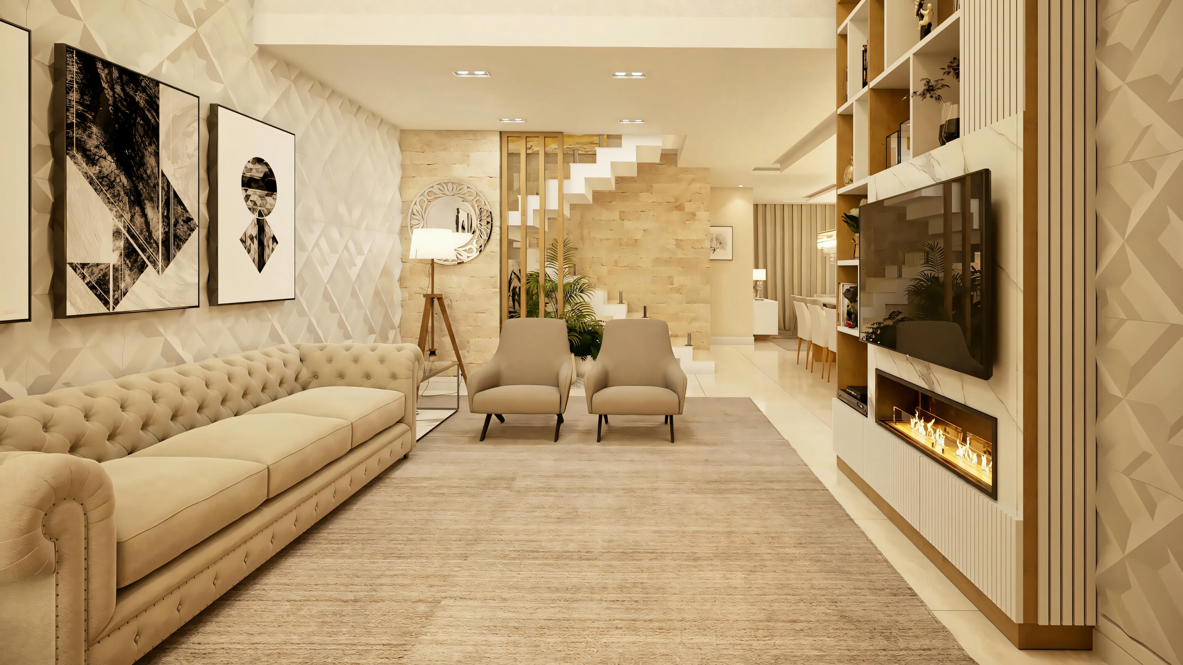 A well-decorated living room with modern furniture and cozy lighting.