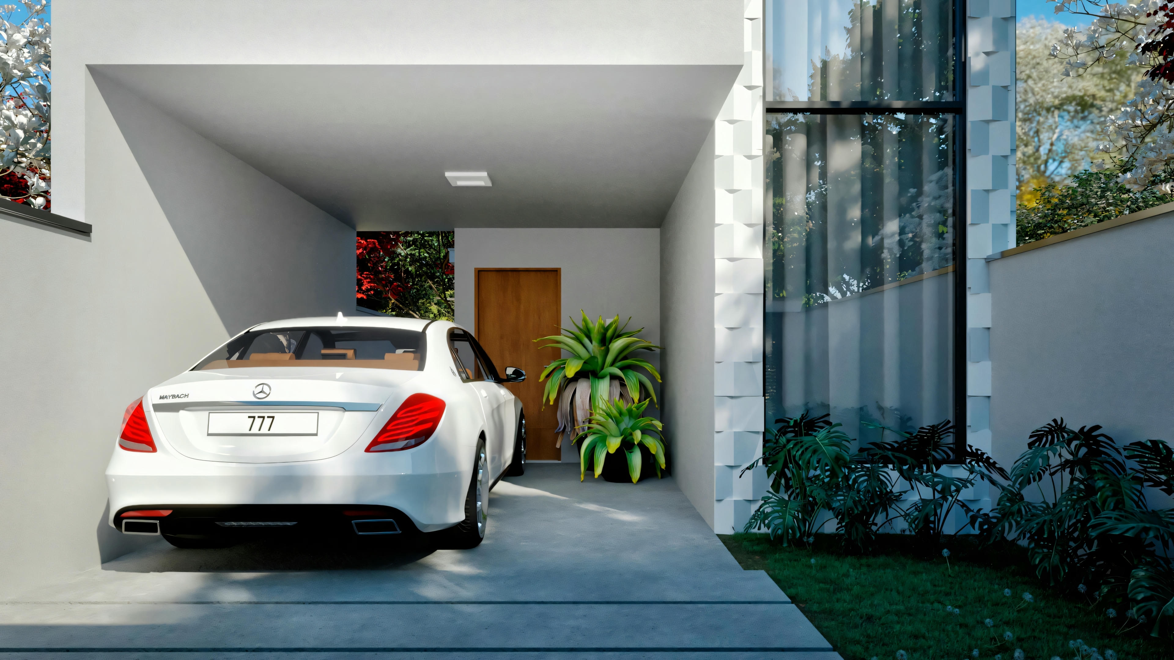 A white car parked on a dark tiled driveway next to greenery, under the cover of a modern house at dusk.