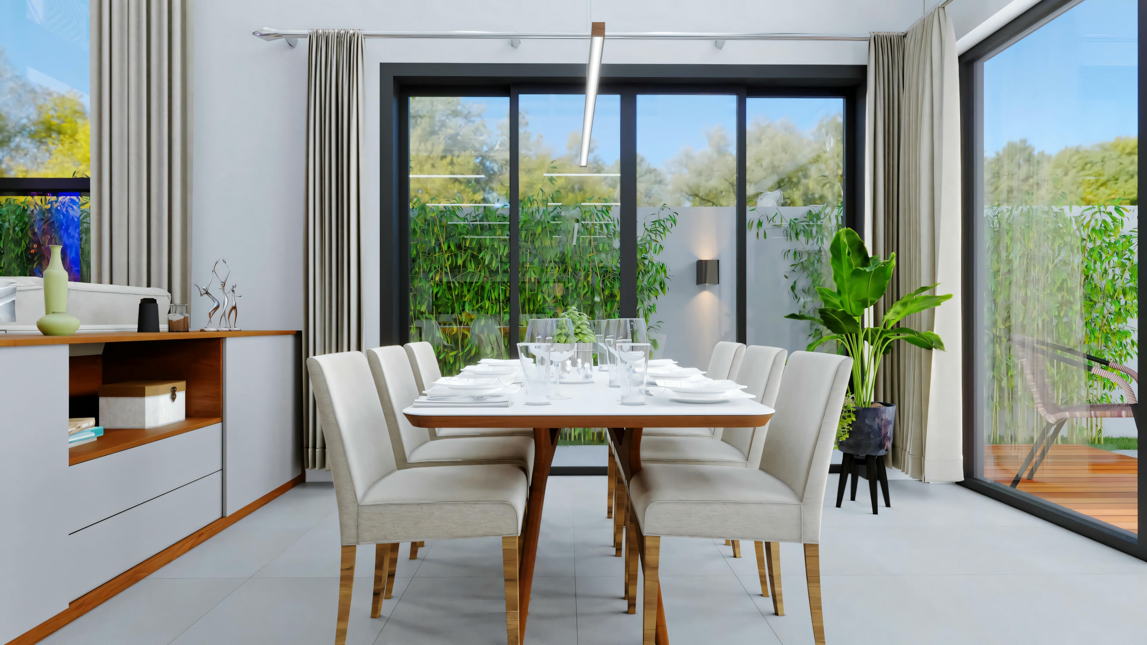 Uma área de jantar com uma mesa posta para uma refeição. O ambiente possui grandes janelas que oferecem uma vista para a vegetação externa, sugerindo que o espaço é bem iluminado e possivelmente oferece uma vista agradável.