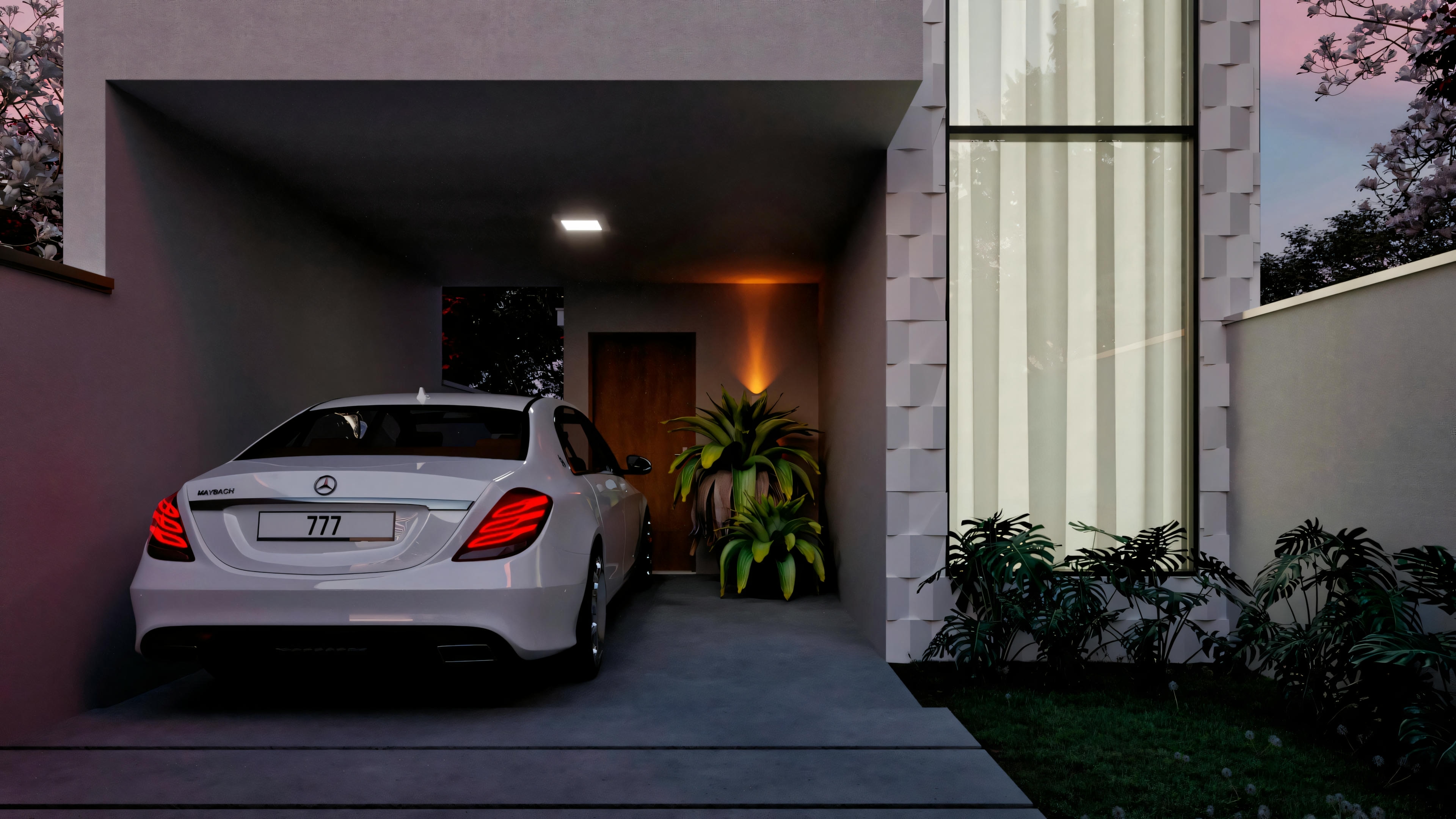 Um carro branco estacionado em uma garagem residencial com a porta aberta, levando a uma área externa.
