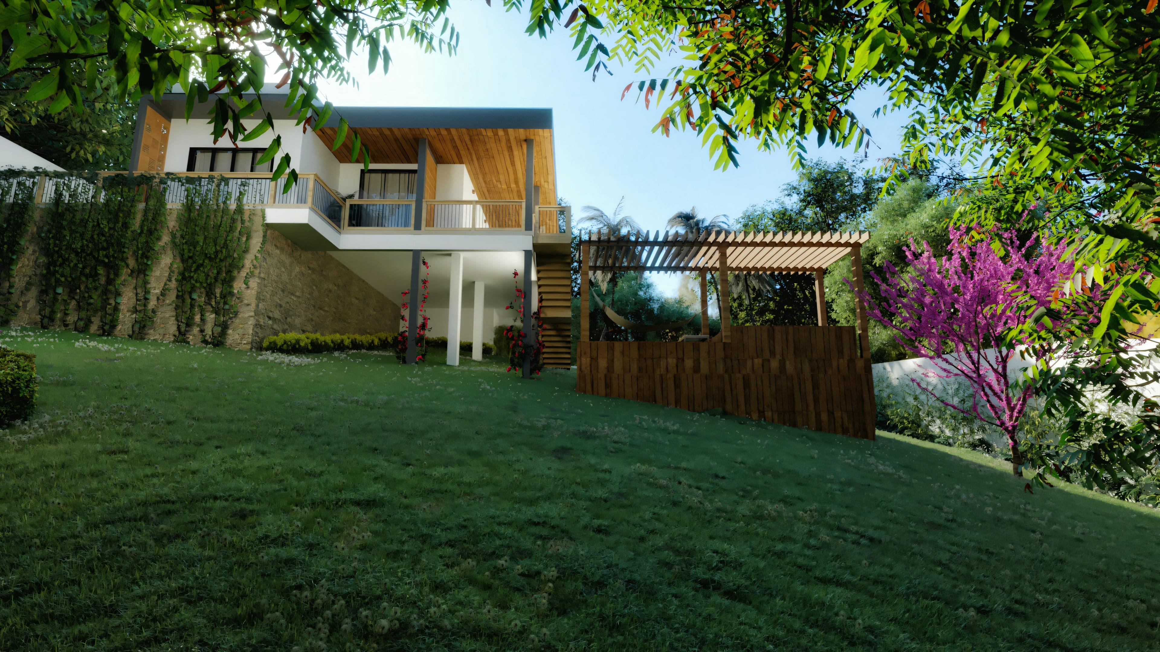 Fachada lateral de casa de campo con tres dormitorios, mostrando el área de ocio externa con pérgola de madera.
