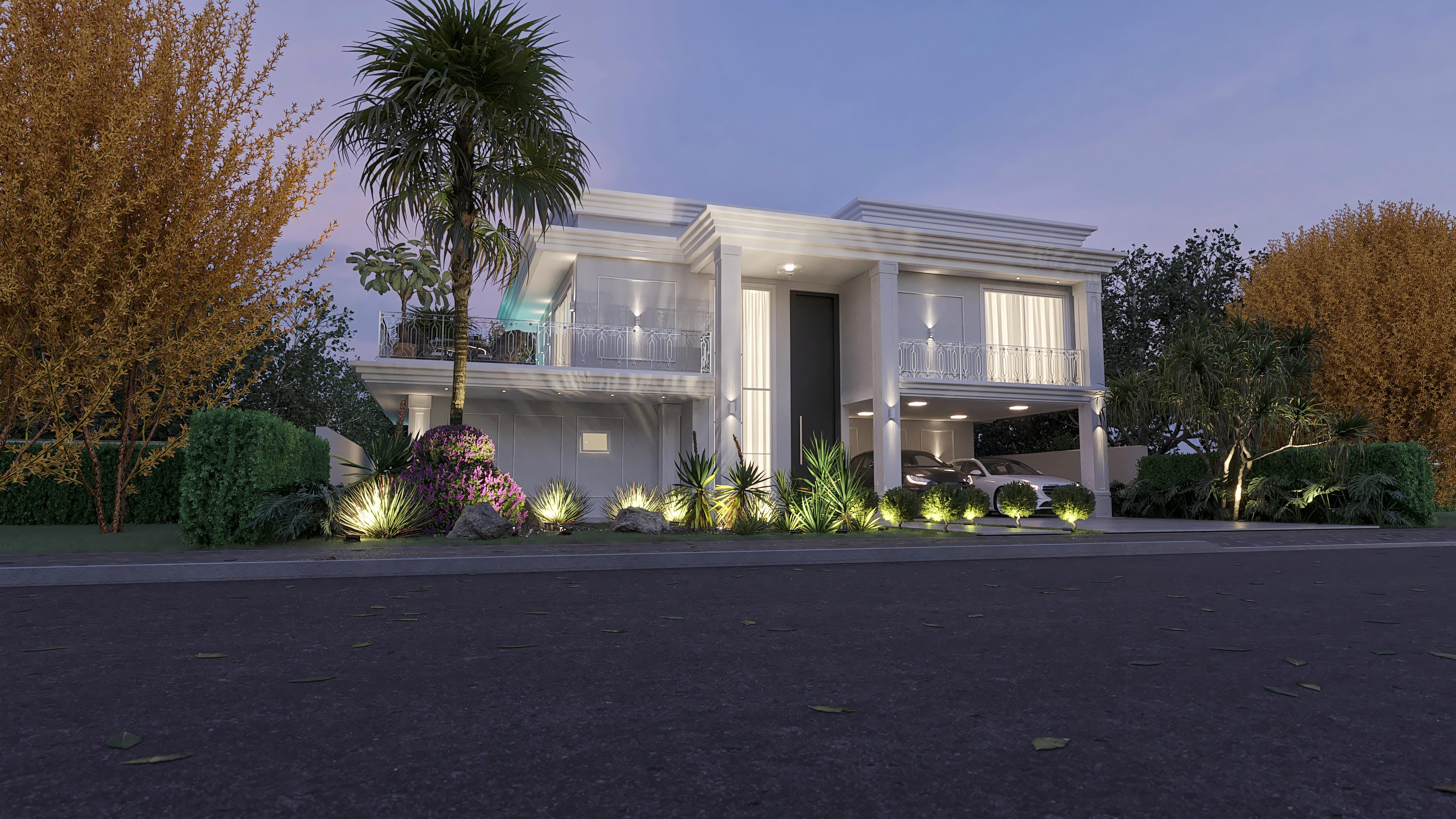 Fachada clásica de casa de dos plantas neoclásica con 5 habitaciones, balcón con detalles de metal, piscina iluminada y área gourmet