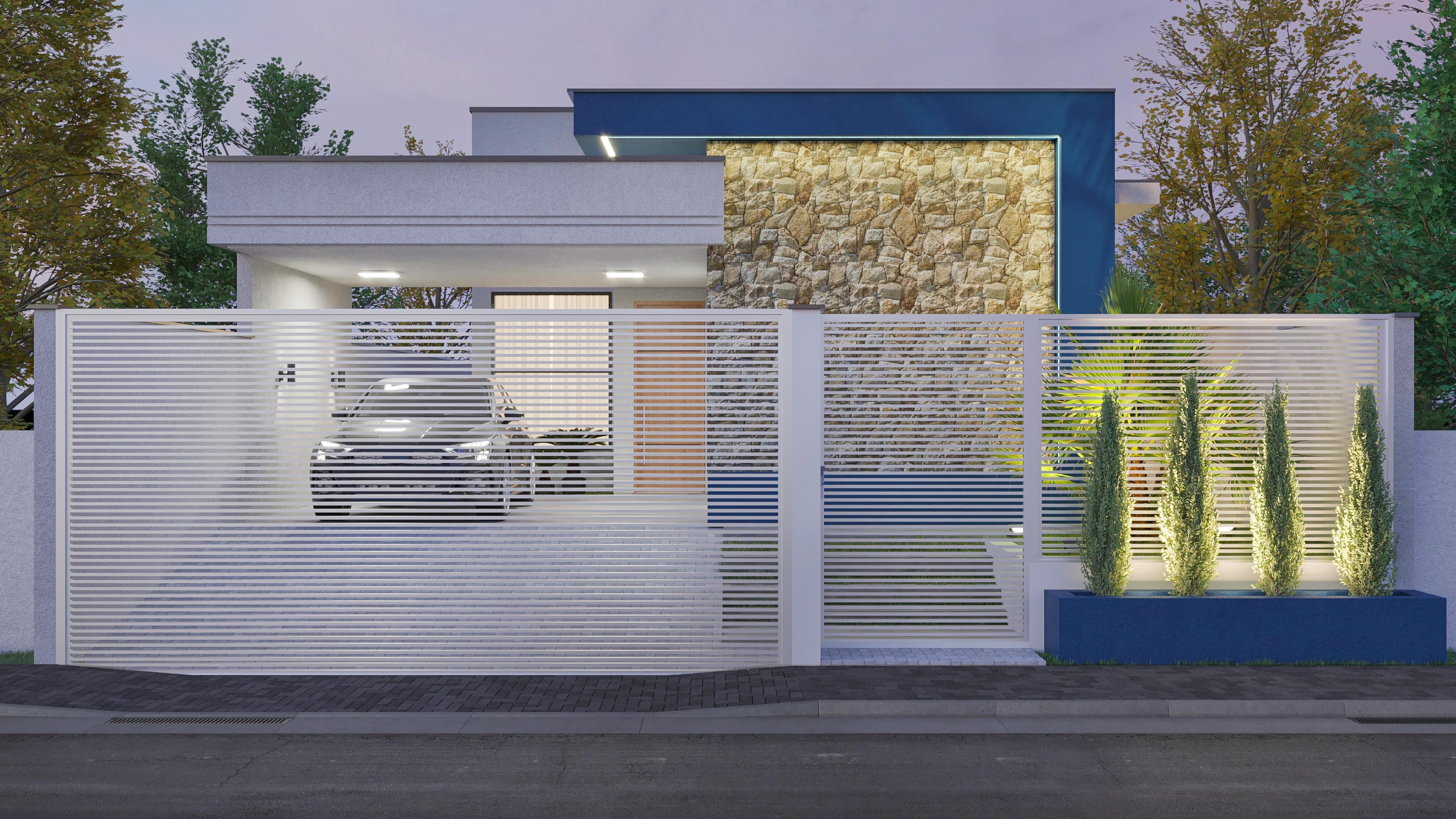 Fachada moderna de casa térrea com revestimento em pedra rústica, detalhes em azul vibrante e portão ripado branco. Projeto para terrenos estreitos.