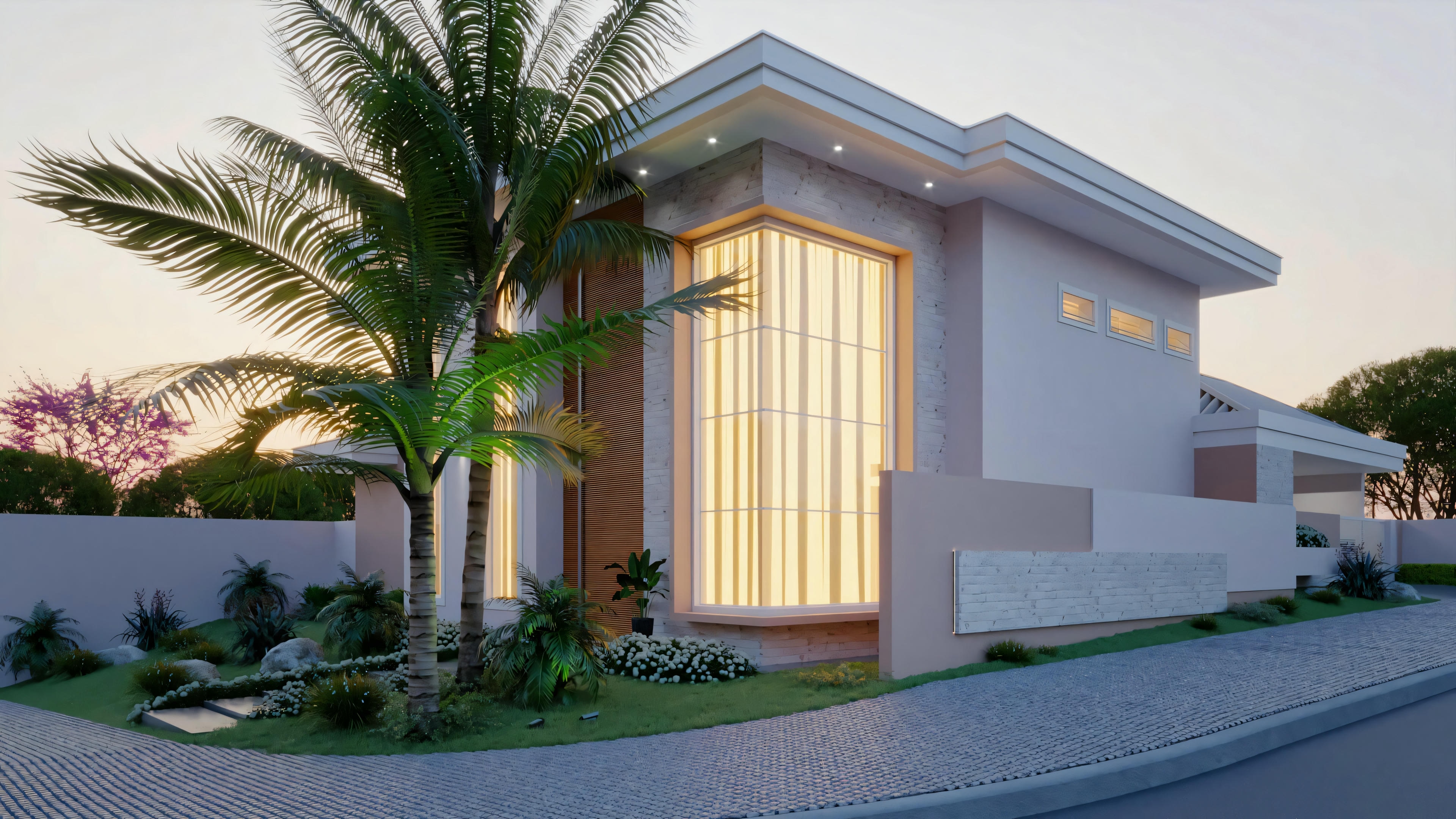Uma casa moderna ao anoitecer, com luzes internas acesas, criando um brilho acolhedor que contrasta com o céu crepuscular.