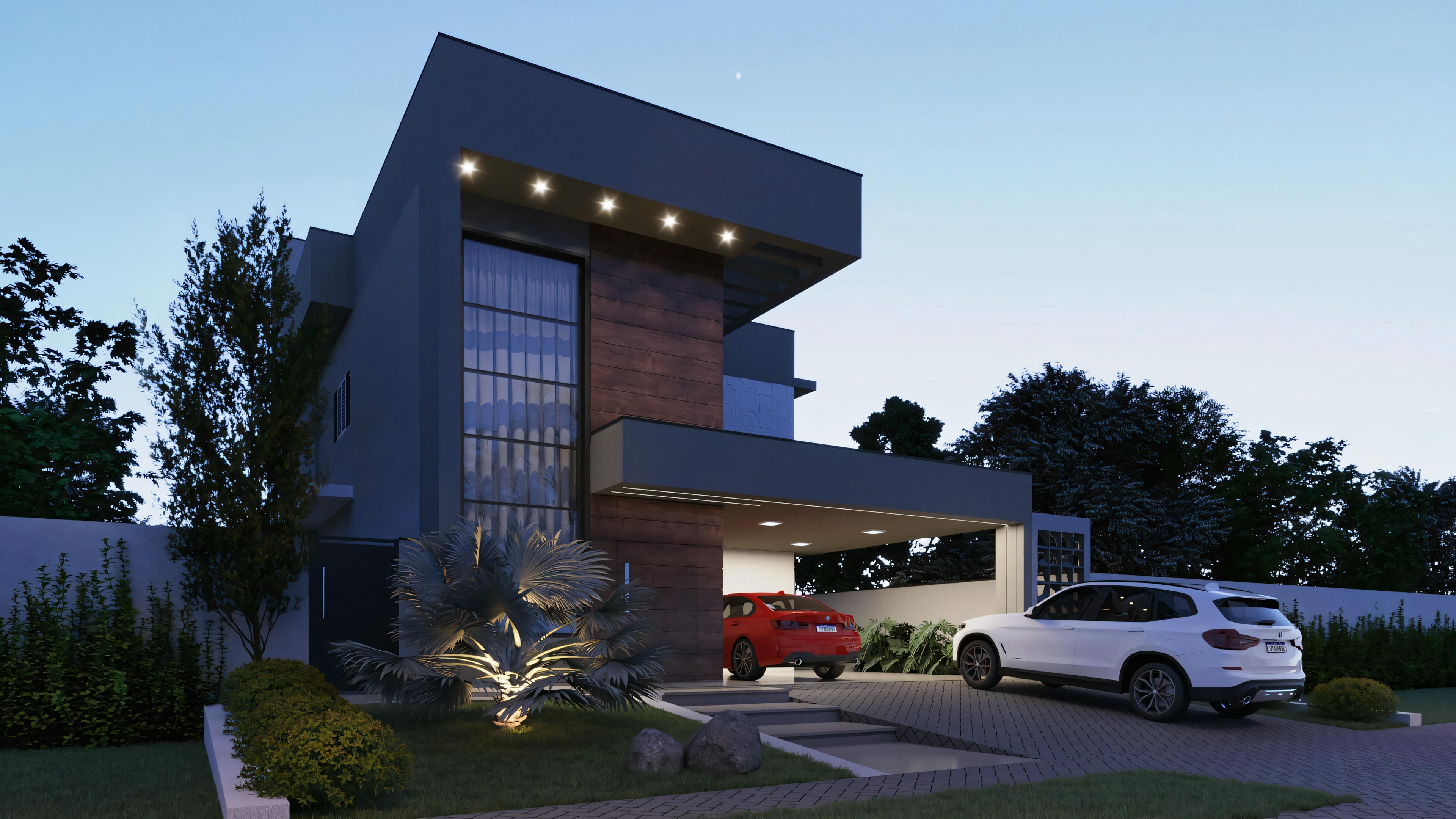 Casa moderna com elementos geométricos proeminentes e grandes janelas, vista ao entardecer.