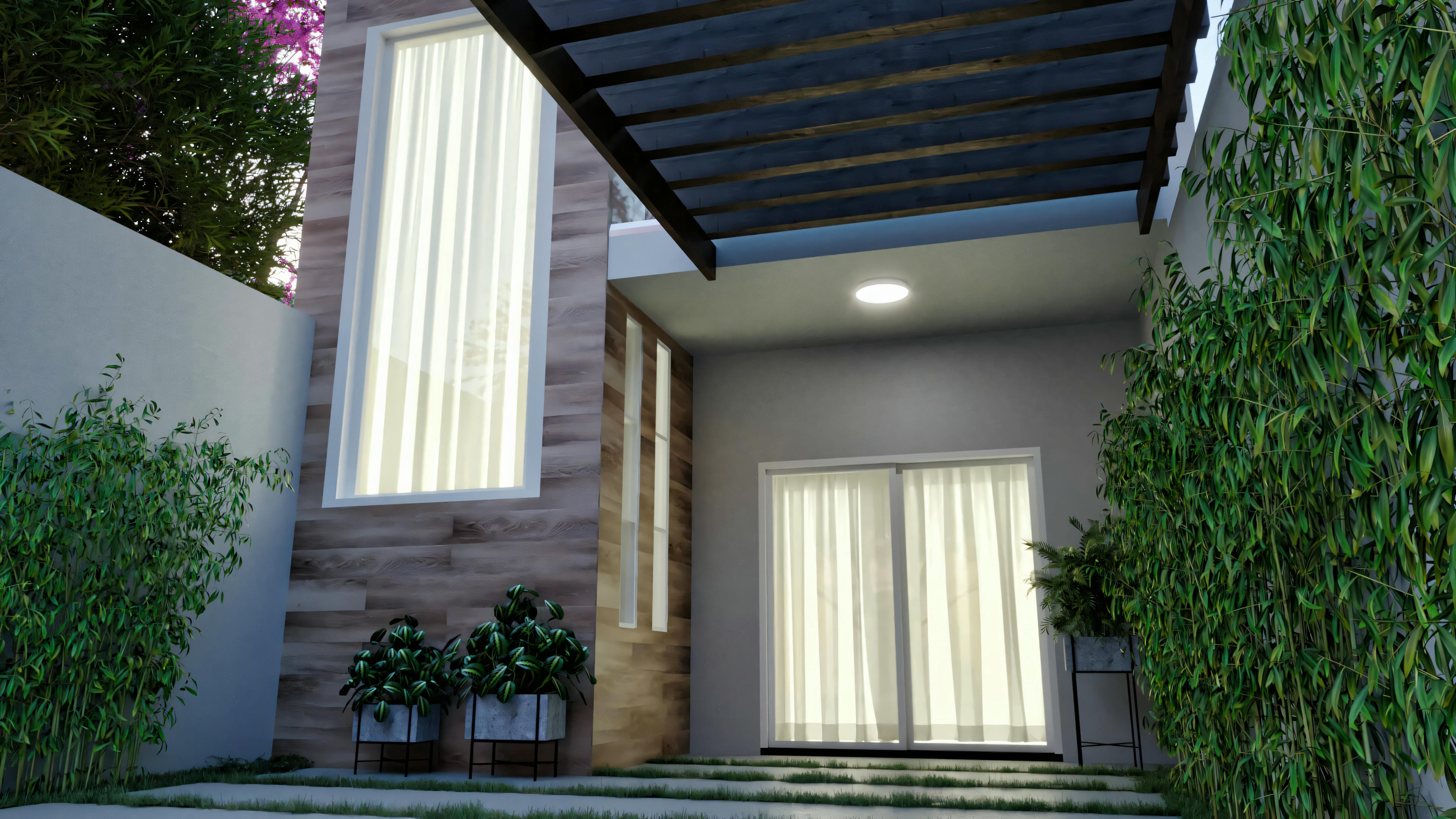 Uma casa moderna com telhado inclinado, porta de entrada visível e caminho iluminado levando à entrada.