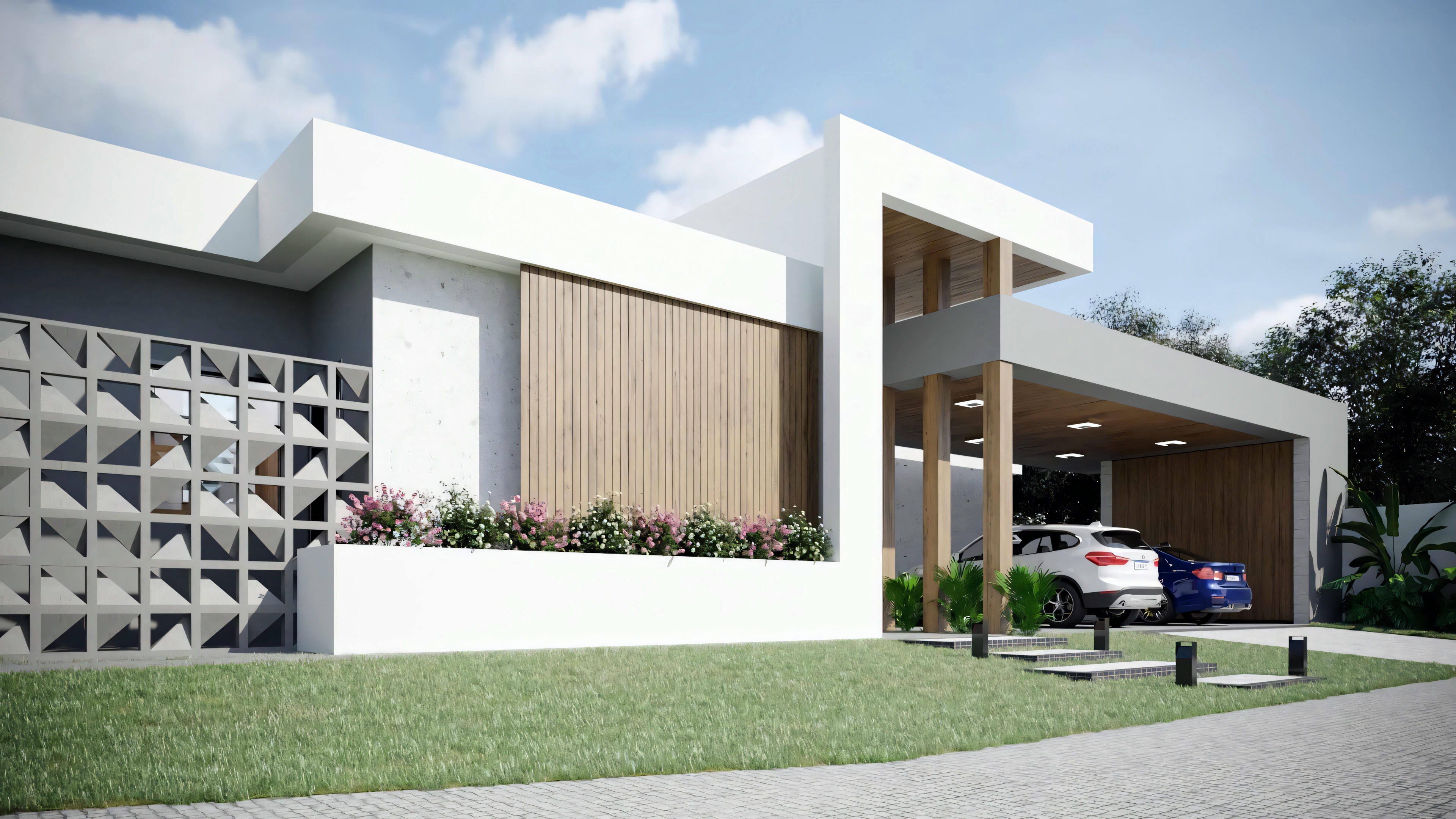 Renderización arquitectónica de una casa moderna con diseño elegante, grandes ventanas y detalles en madera.