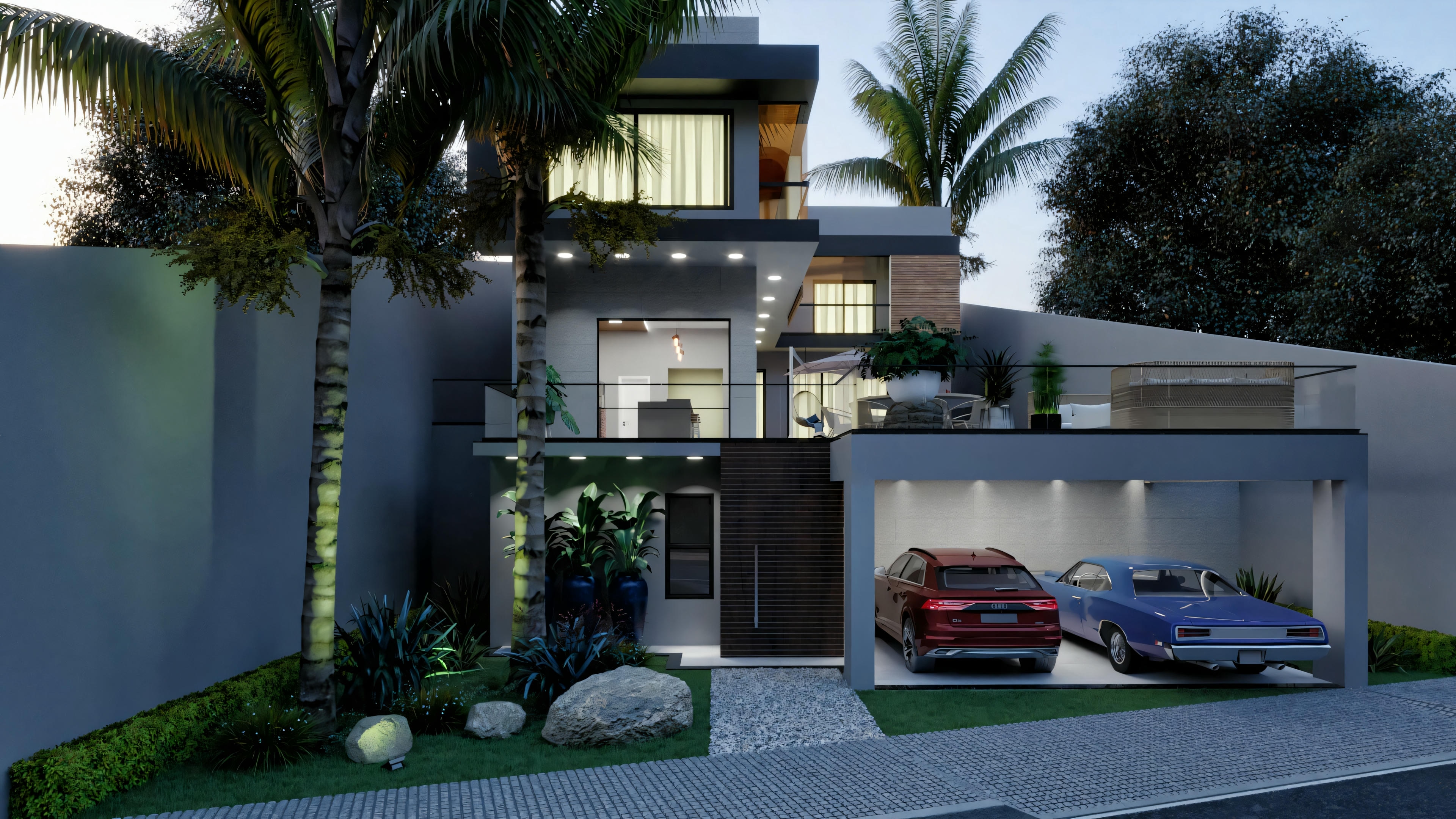 Fachada al atardecer de la casa moderna (4 suites, 316.98m²). Vista con iluminación artificial destacando el garaje doble, paisajismo con palmeras y detalles en madera.