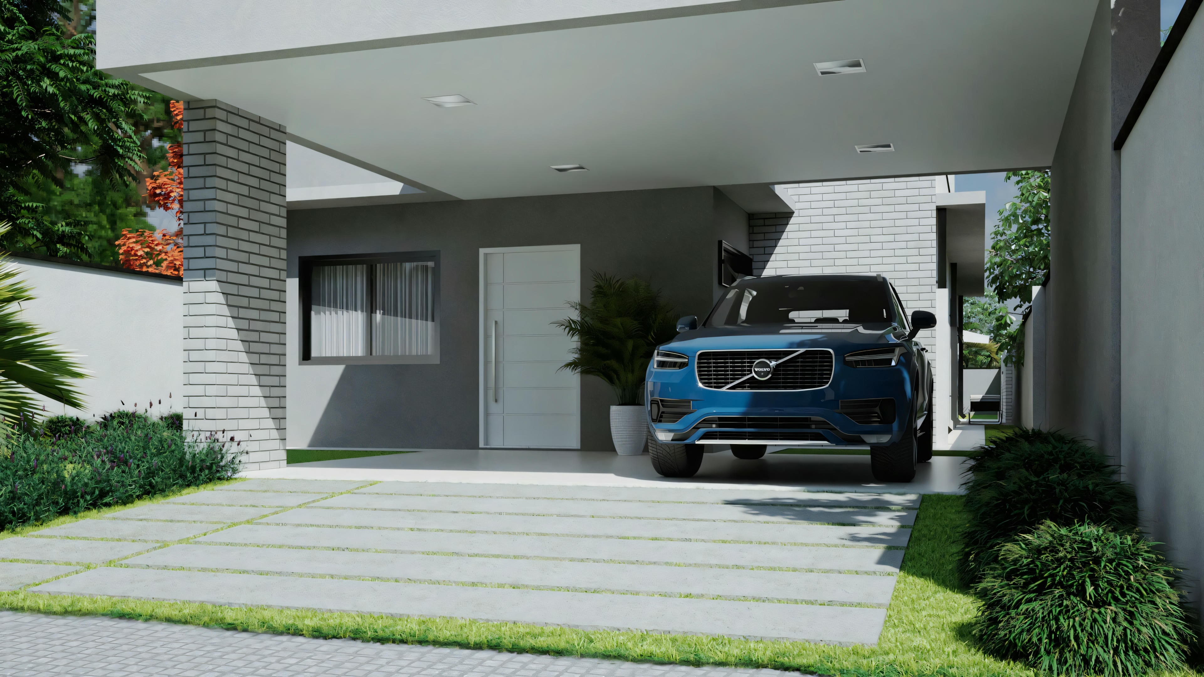 Una casa moderna con coche azul estacionado en un garaje cubierto, camino de baldosas llevando a la entrada de la casa, rodeada de vegetación.
