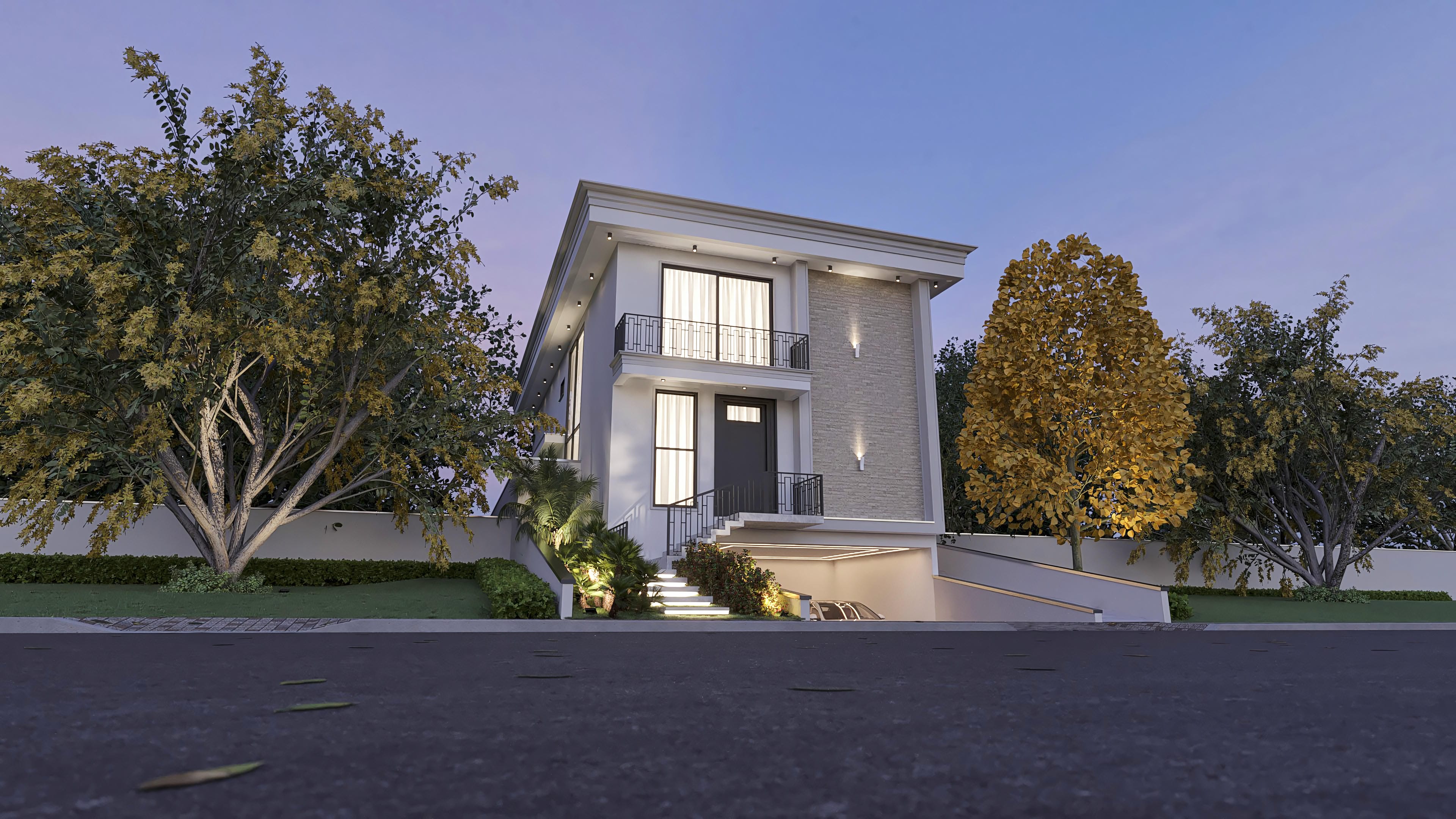 Imposing facade of a modern 2-story house with 4 suites, highlighting the stone cladding wall, balconies with metal railings, and recessed lighting.