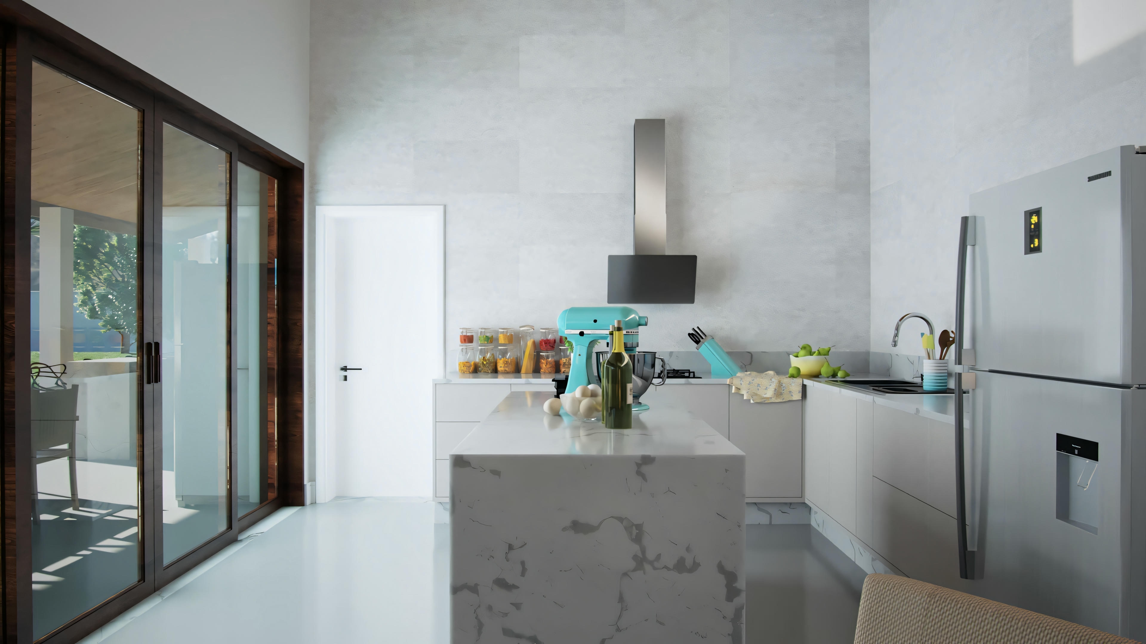 Una cocina con armarios gris claro, electrodomésticos de acero inoxidable, isla de cocina con bancos y una ventana abierta proporcionando luz natural.