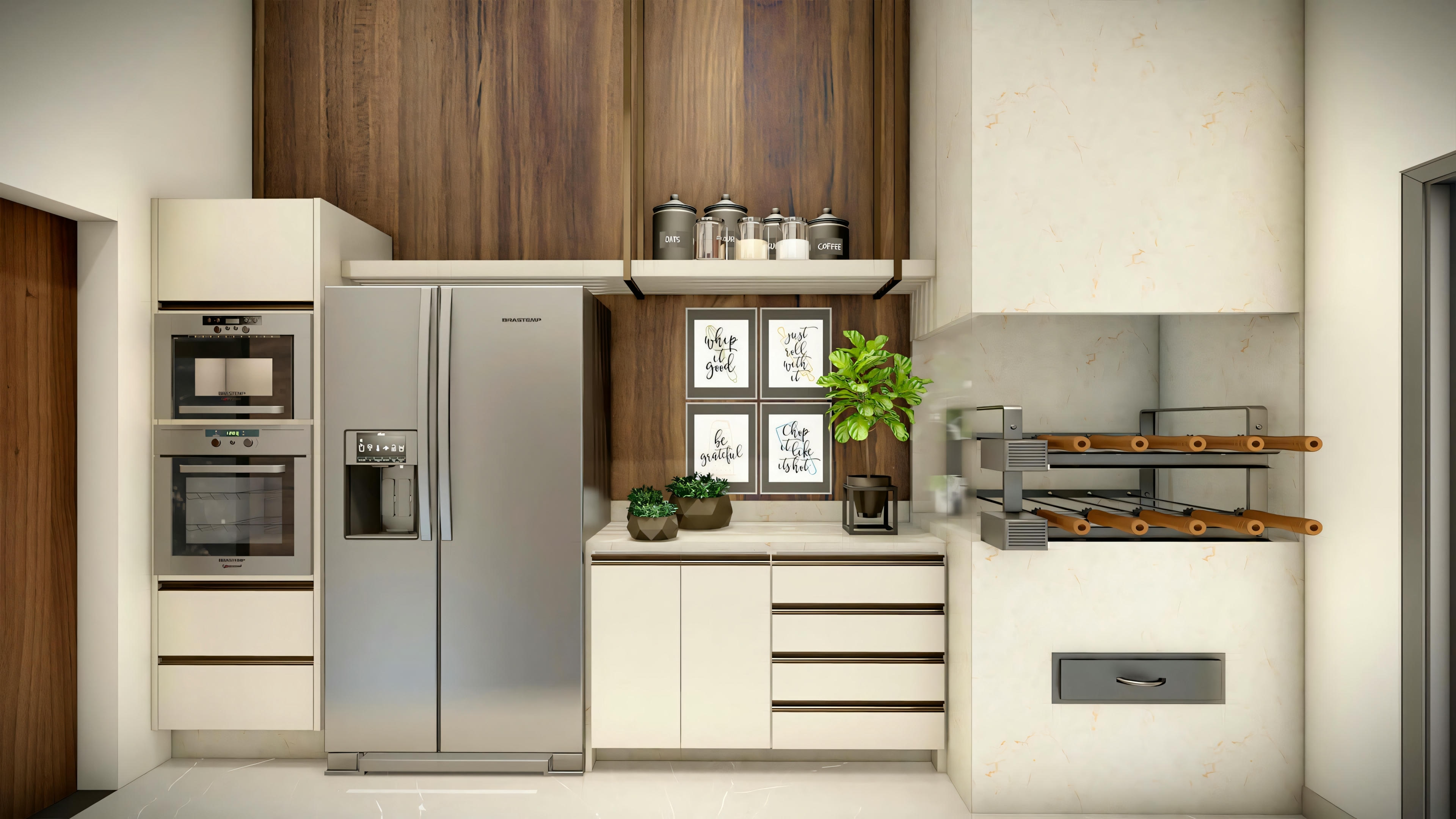 Cozinha com armários, eletrodomésticos modernos e uma ilha central.