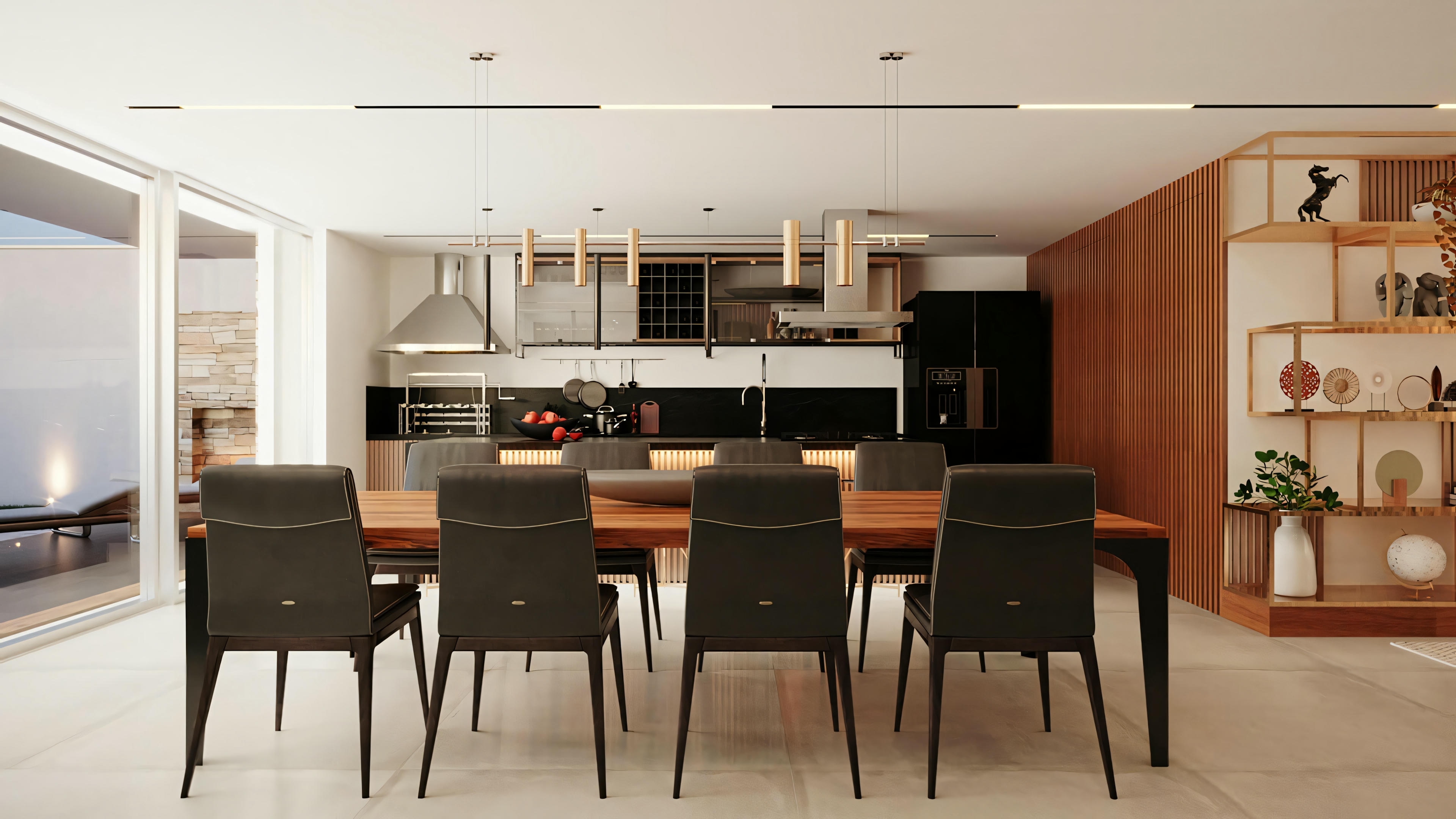 Uma cozinha moderna com área de jantar, móveis contemporâneos e acabamentos elegantes.
