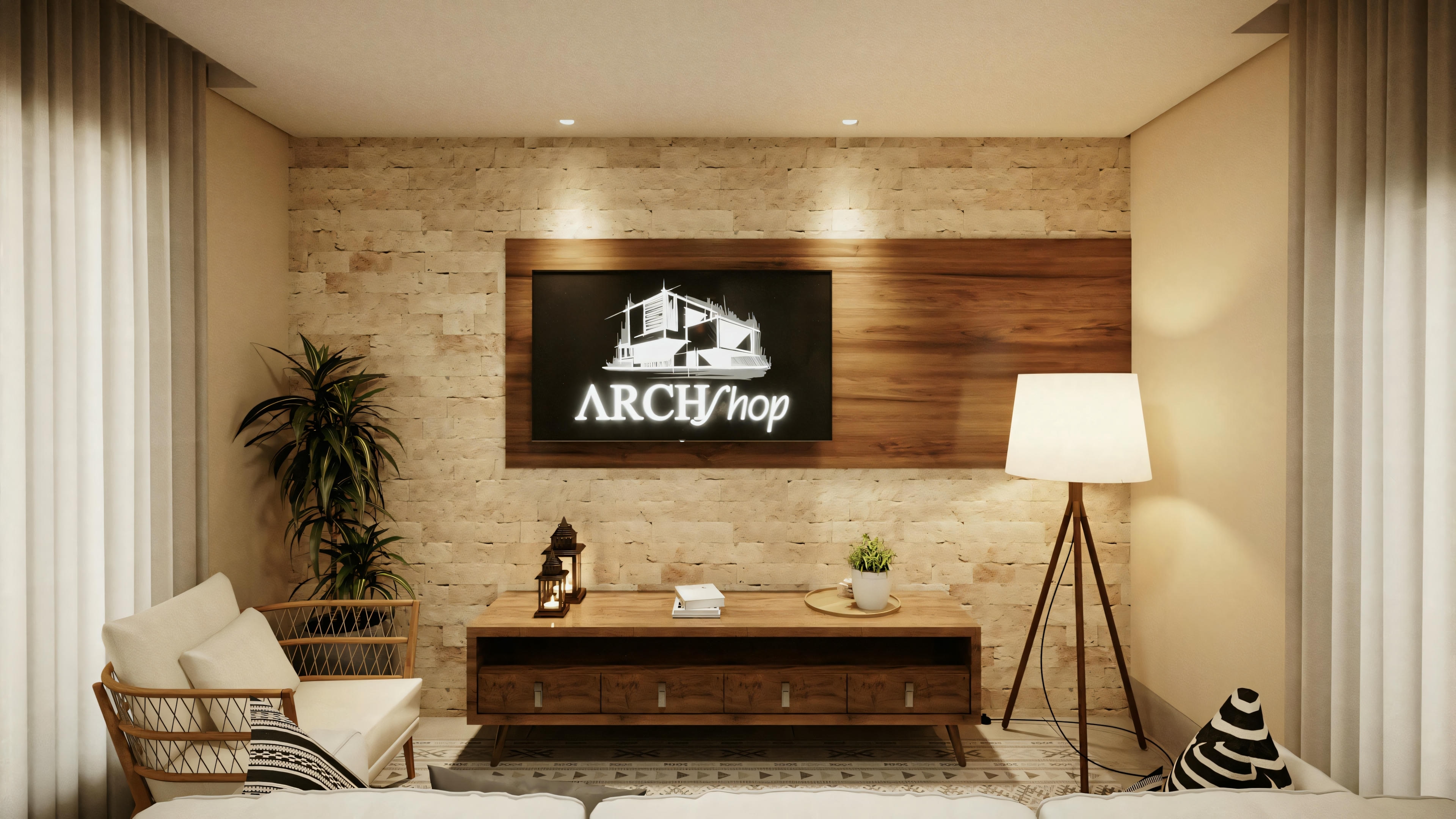 Cozy room with brick wall, flat-screen TV, and shelf with decorative items.