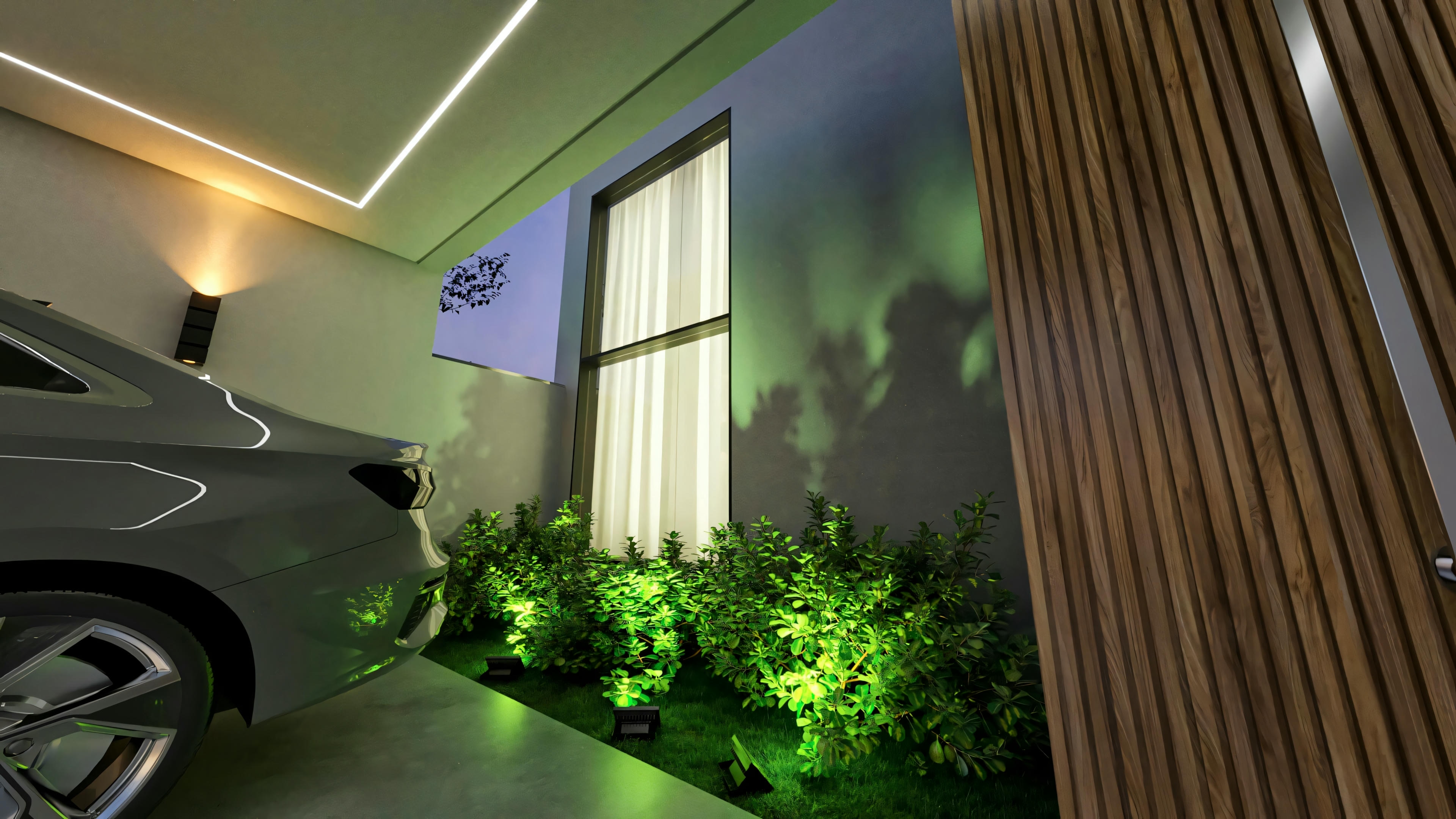 Detalle nocturno de la entrada de casa de una planta con 3 suites, mostrando la iluminación de efecto con apliques, focos en el jardín lateral y perfil de LED en el garaje. Destaque para la puerta de entrada en madera ripada en este proyecto de 196m².