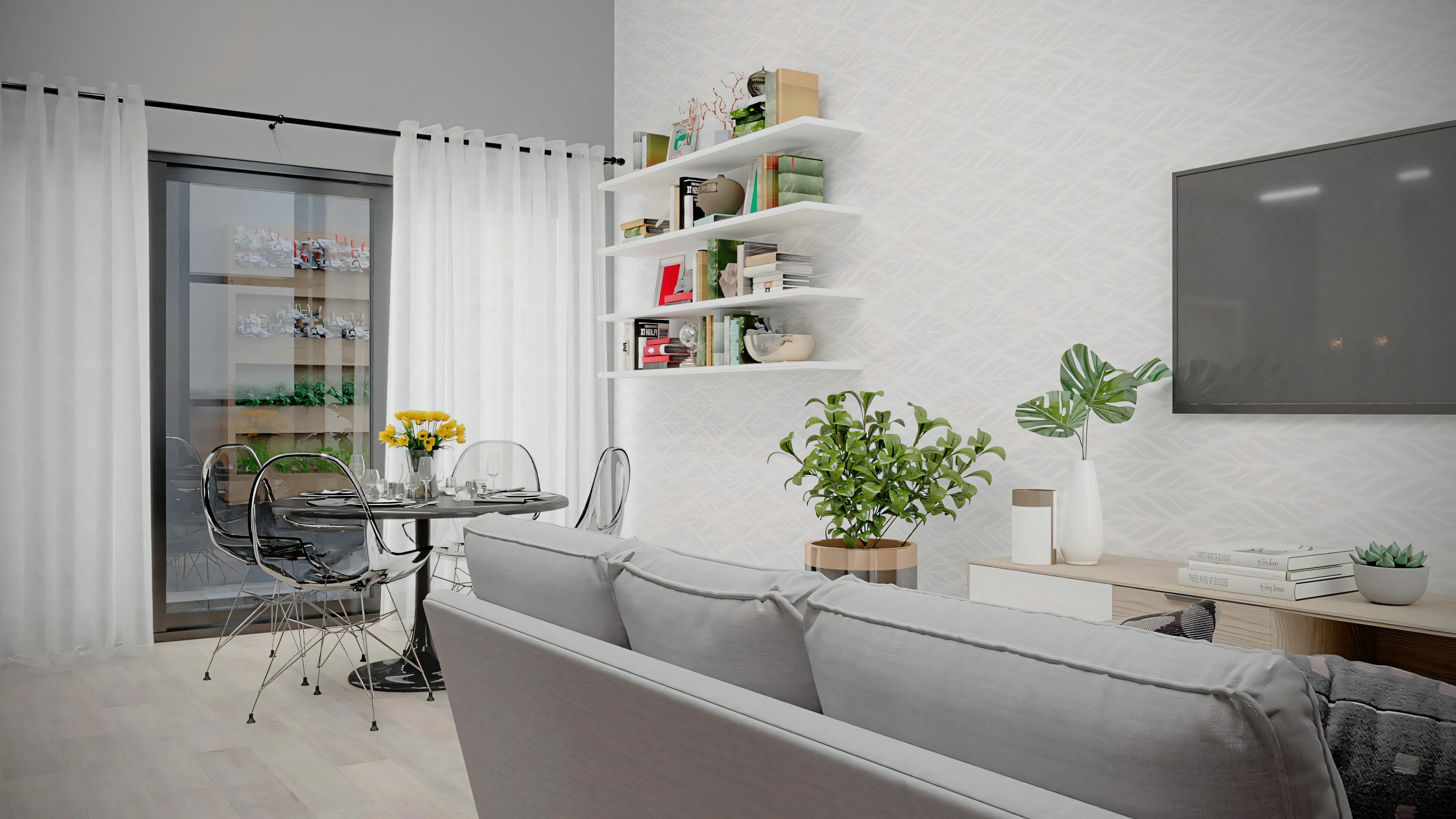 A dining area with chairs around a table and pictures on the wall.