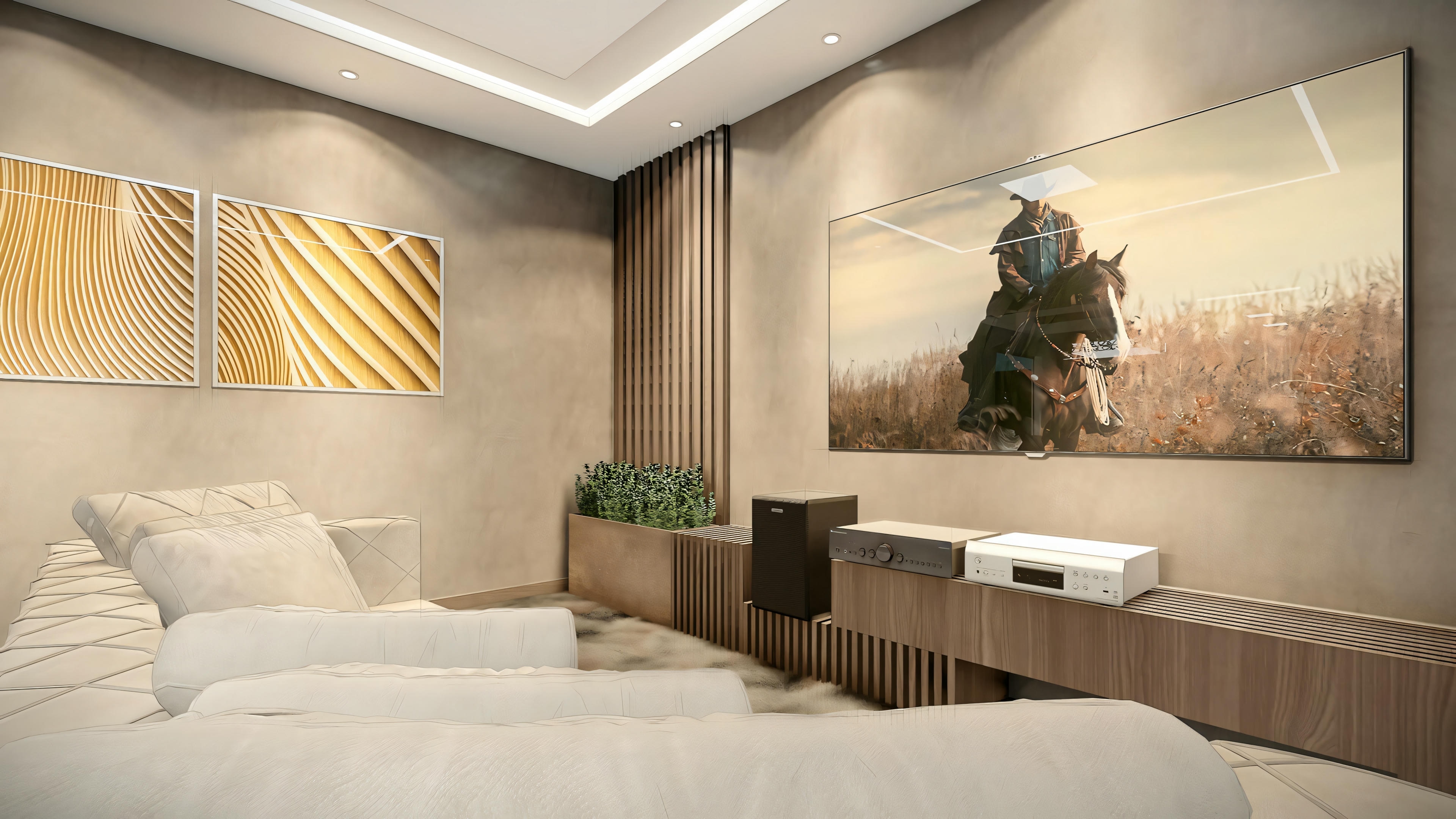 Dormitorio con cama grande, mesitas de noche y arte en la pared encima de la cama.