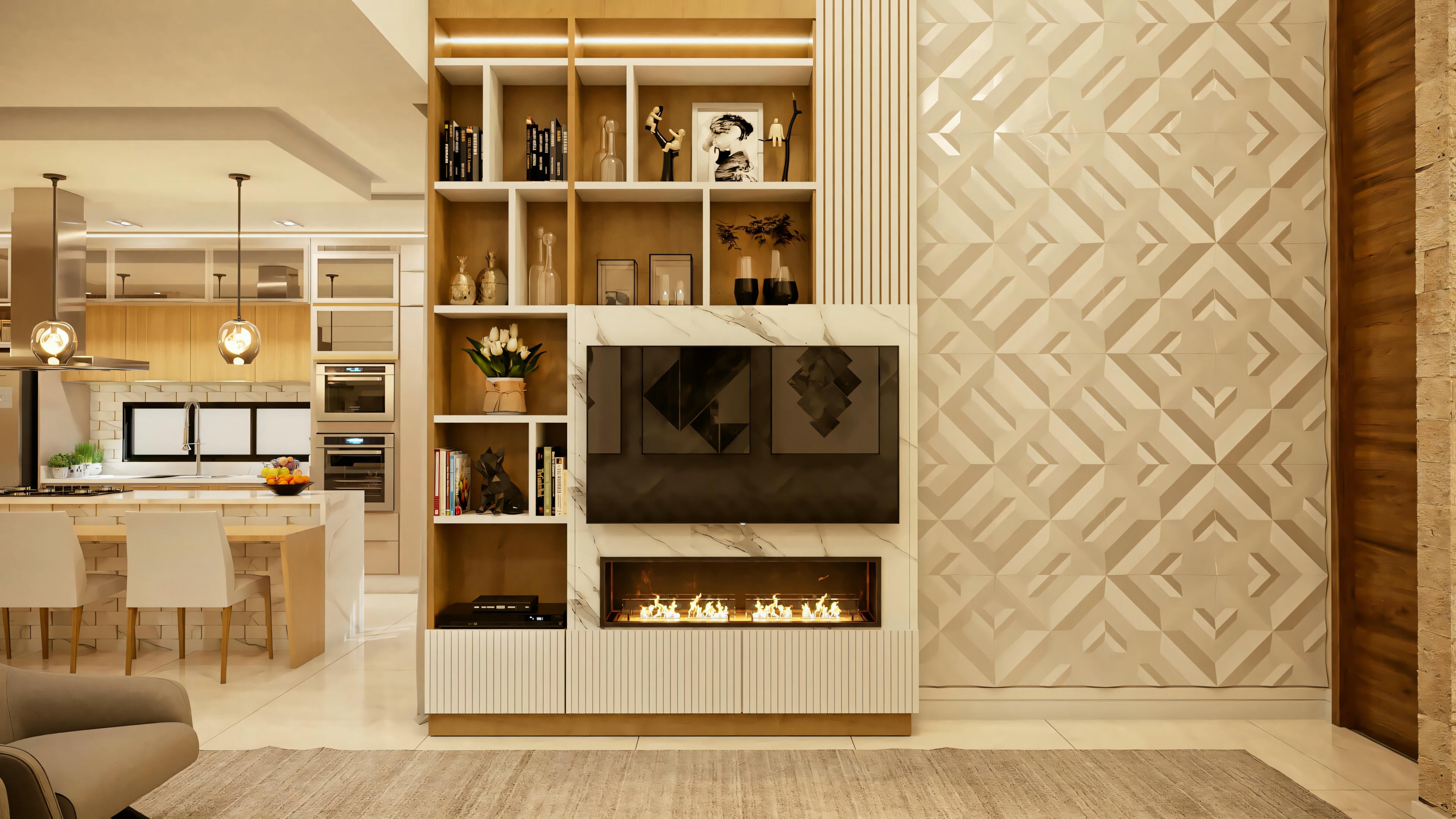 Una estantería grande y moderna, llena de libros, objetos decorativos y cajas de almacenamiento.