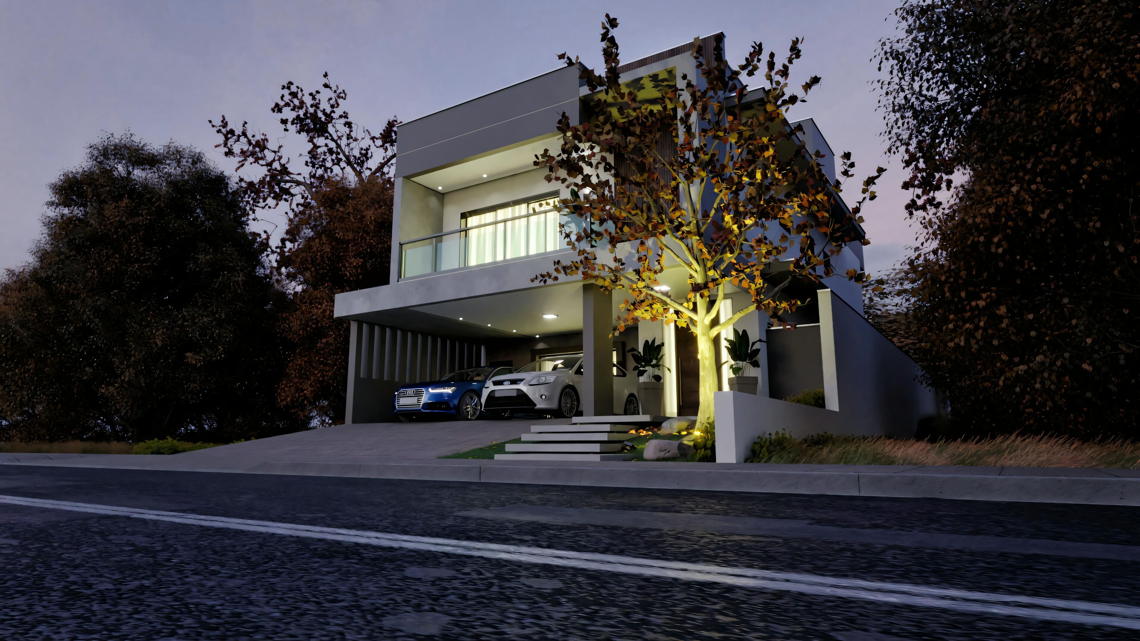 Fachada al atardecer con luces encendidas, con un árbol en frente y cielo claro.
