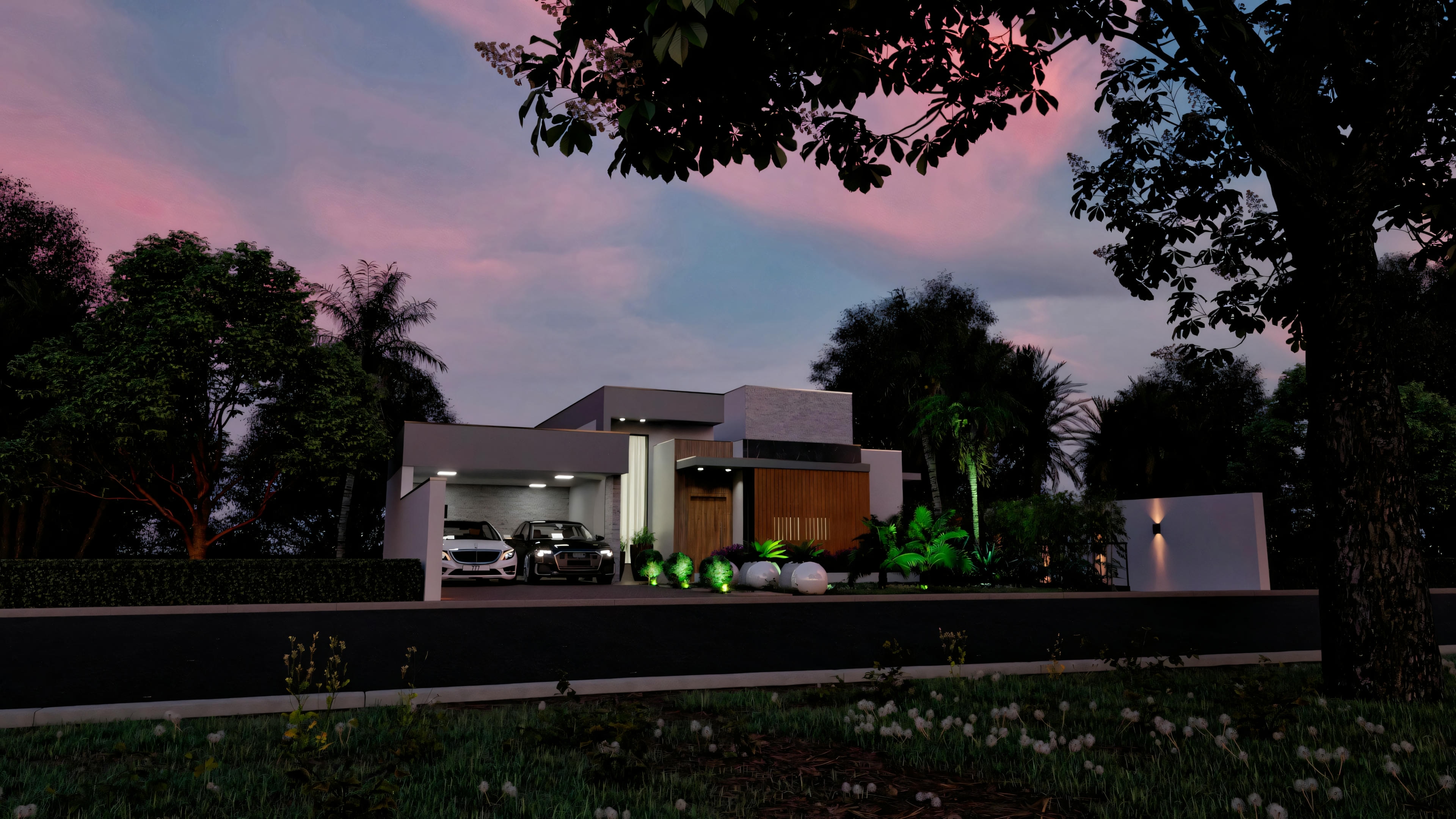 Fachada de uma casa moderna durante o crepúsculo, com iluminação destacando as características arquitetônicas e paisagismo.