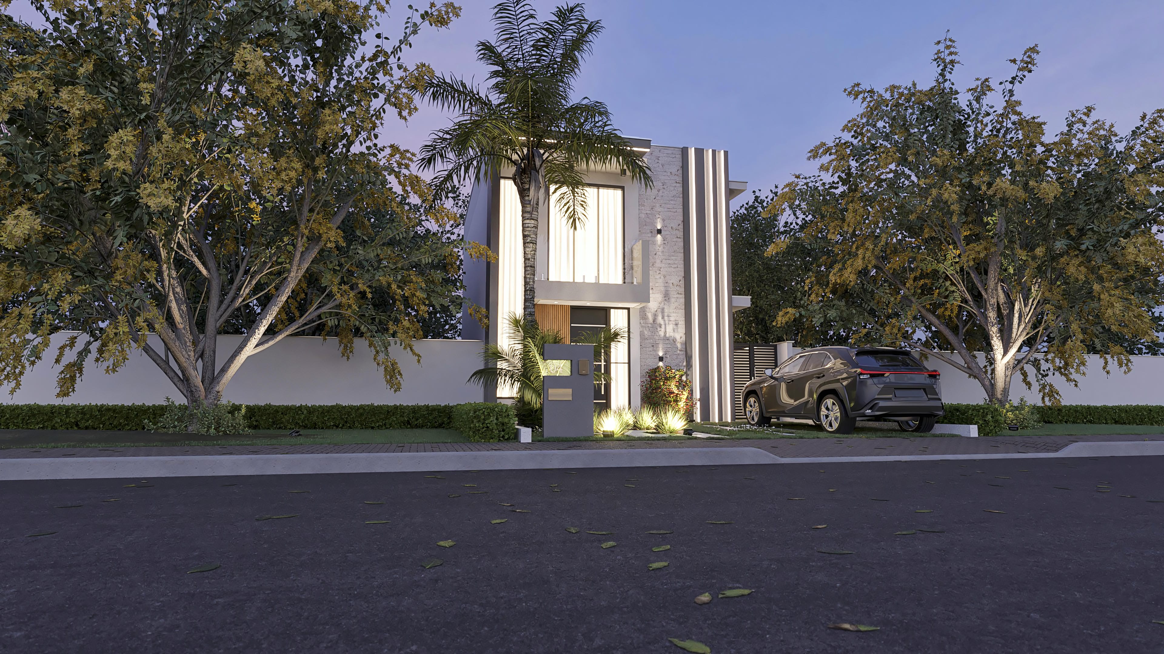 Fachada moderna de casa de dos pisos con líneas rectas, grandes ventanas e iluminación empotrada, con piscina y área gourmet visibles.