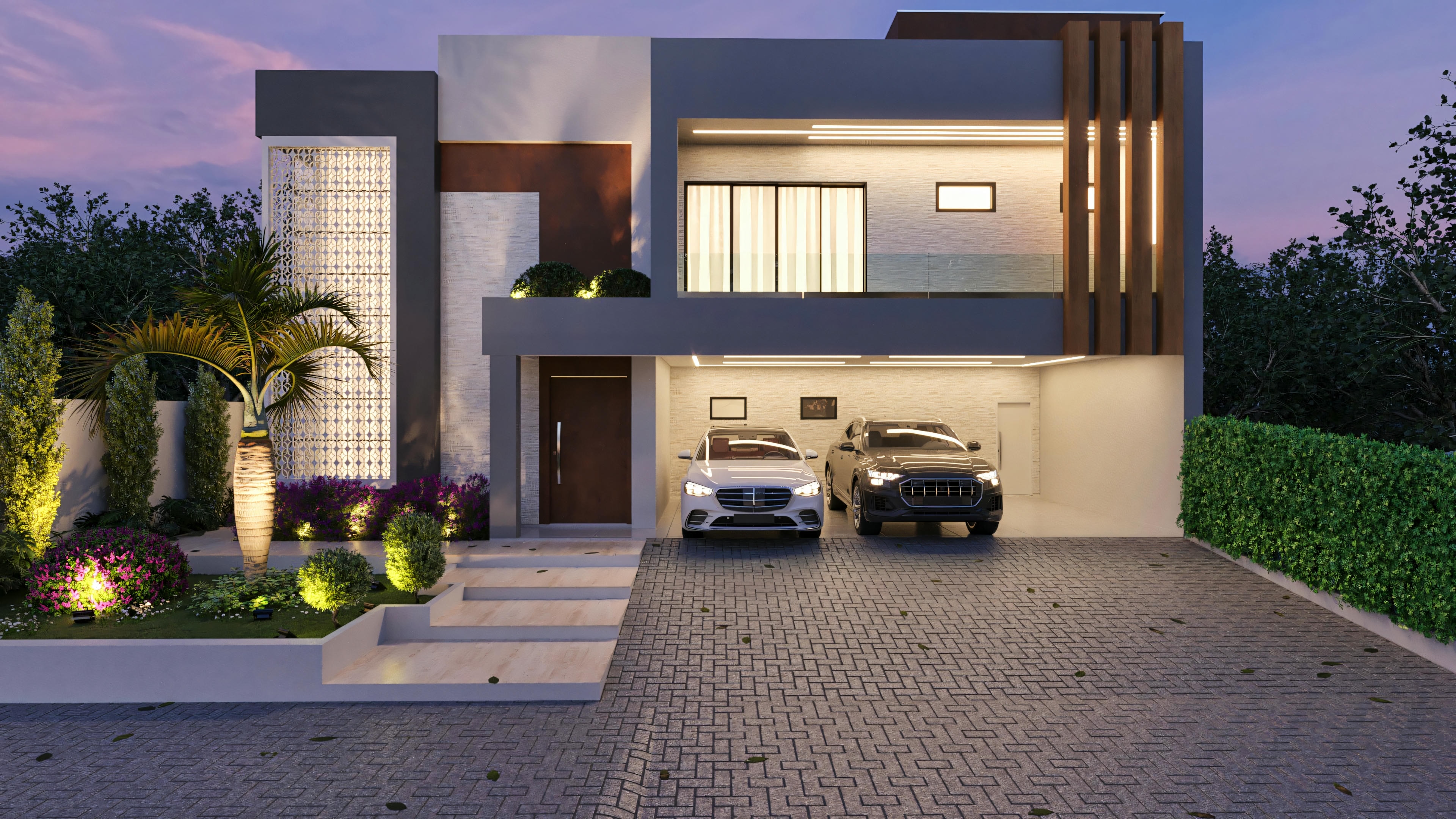 Fachada de sobrado moderno de 394.84m² com iluminação noturna, 4 suítes, piscina, escritório e área gourmet. Detalhes incluem painel decorativo iluminado, ripado de madeira vertical, garagem para 3 carros com luz embutida e paisagismo com iluminação cênica nos degraus e vegetação, em terreno 20x25.