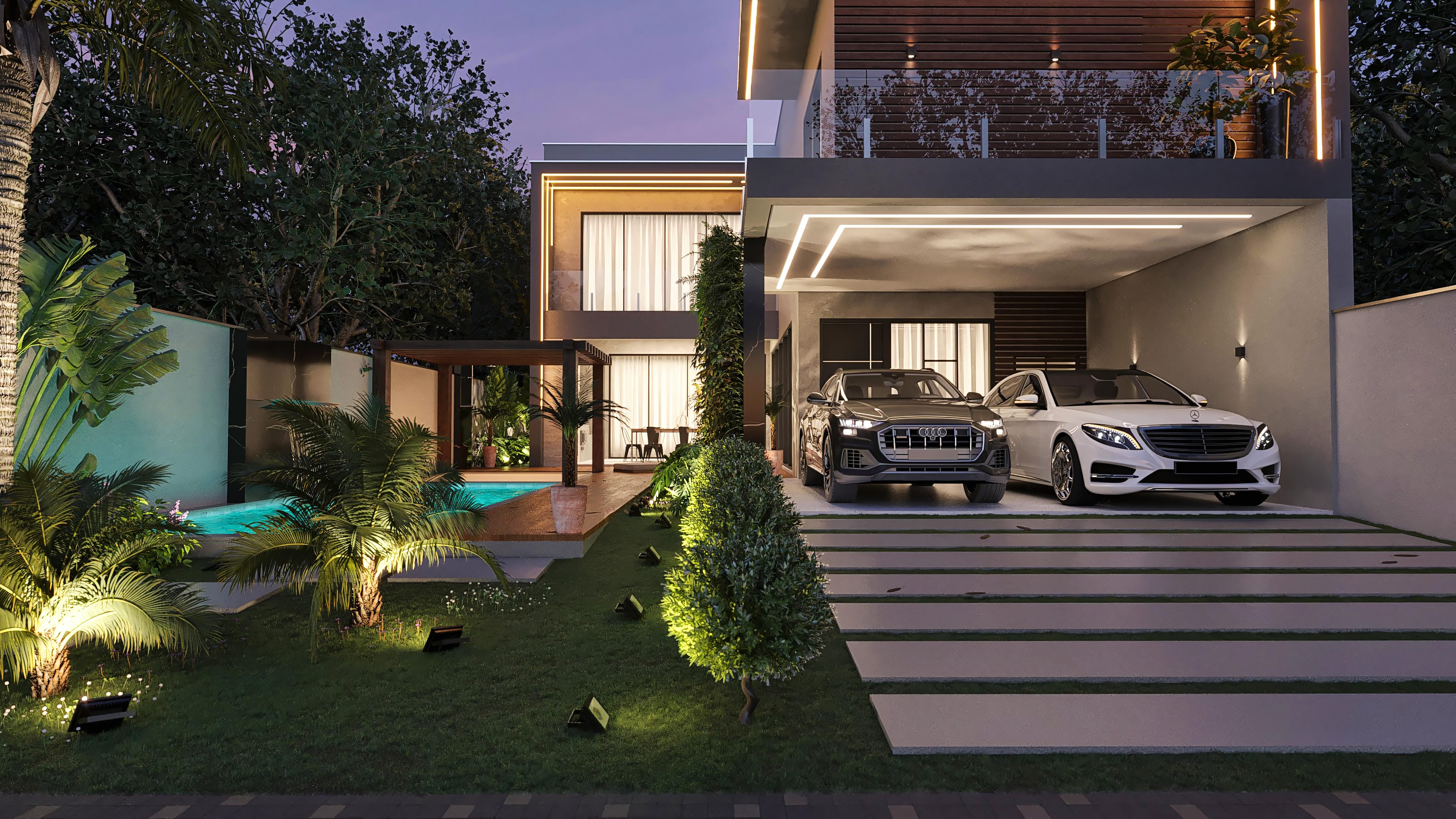 Fachada moderna de sobrado com 4 suítes, piscina e área gourmet integrada. Destaque para volumes geométricos, iluminação em LED e materiais nobres.