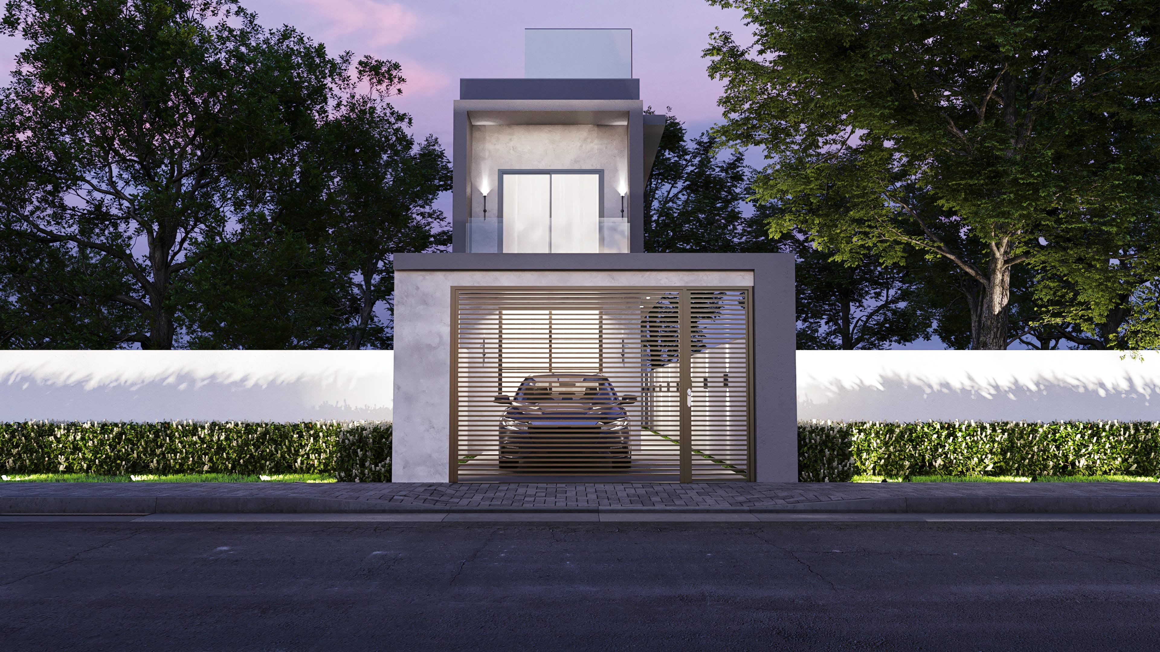 Fachada de sobrado moderno com 2 pavimentos, textura cimentícia e detalhes em cinza, portão de garagem em esquadrias horizontais e detalhes em vidro na parte superior.