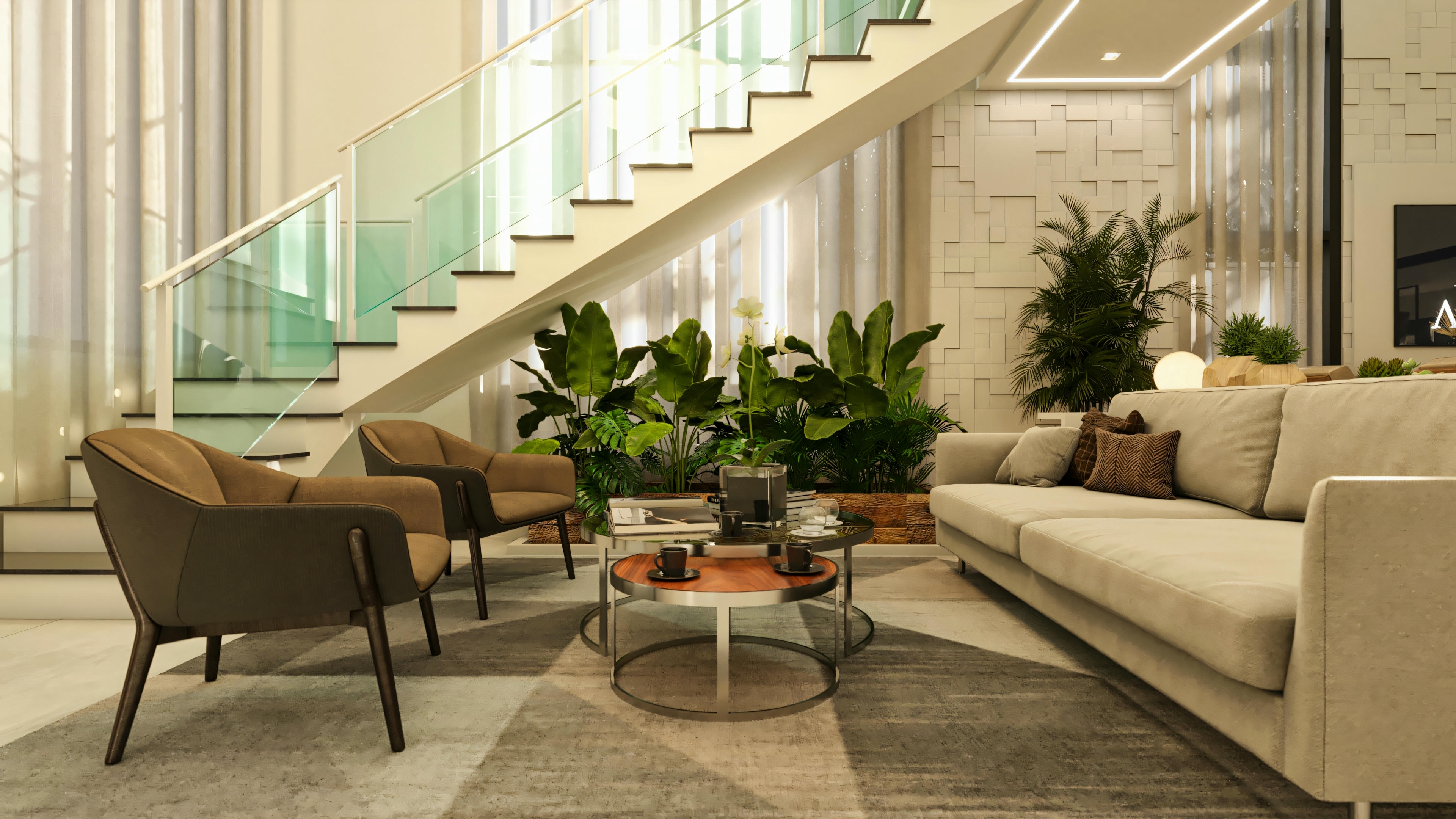 Interior design of the living room in a high-standard 5-suite house. Environment with light sofa, armchairs, plants, 3D panel wall, and modern staircase with glass railing.