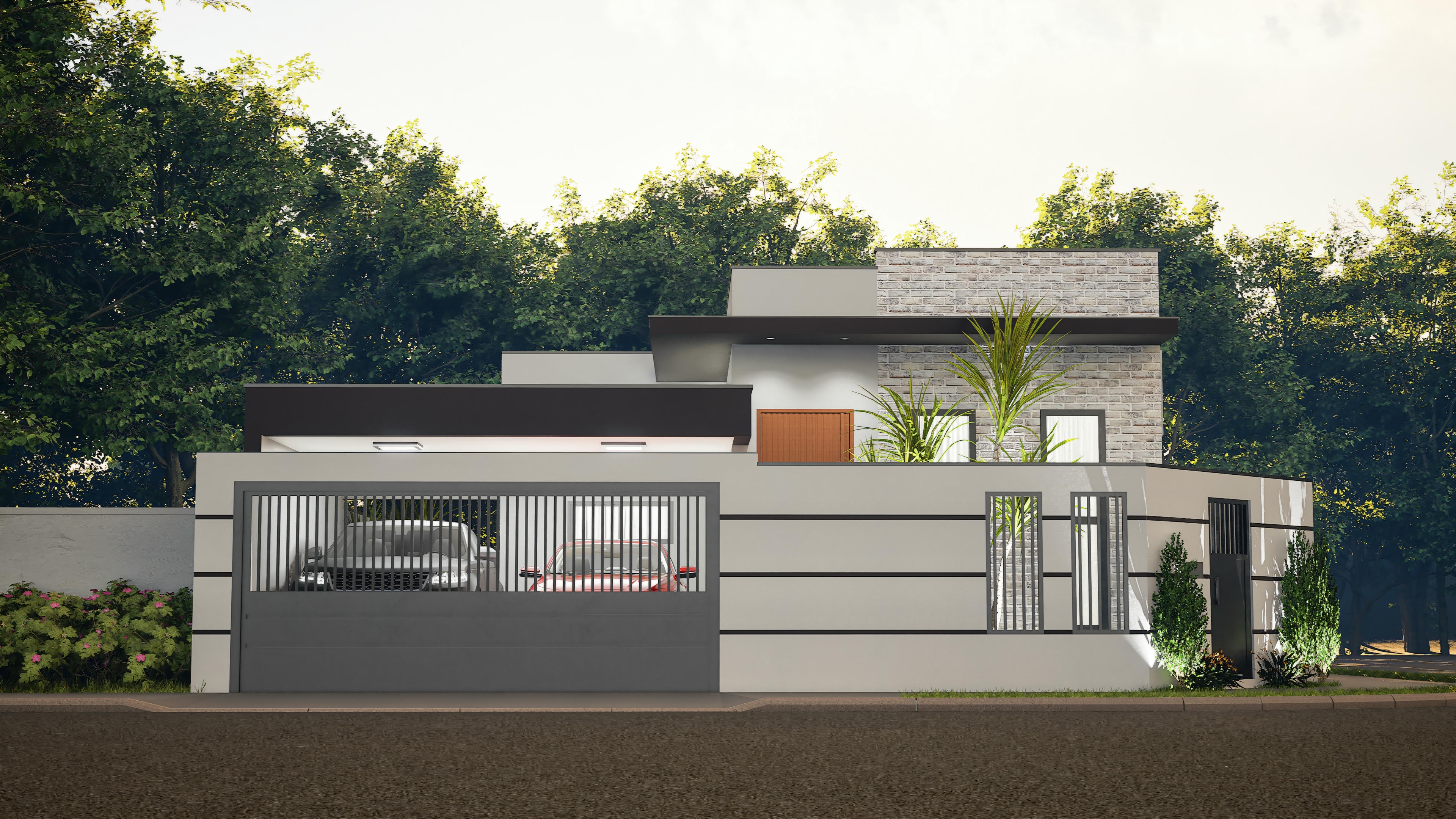 A modern one-story house with a flat roof, large windows, and an outdoor patio area.