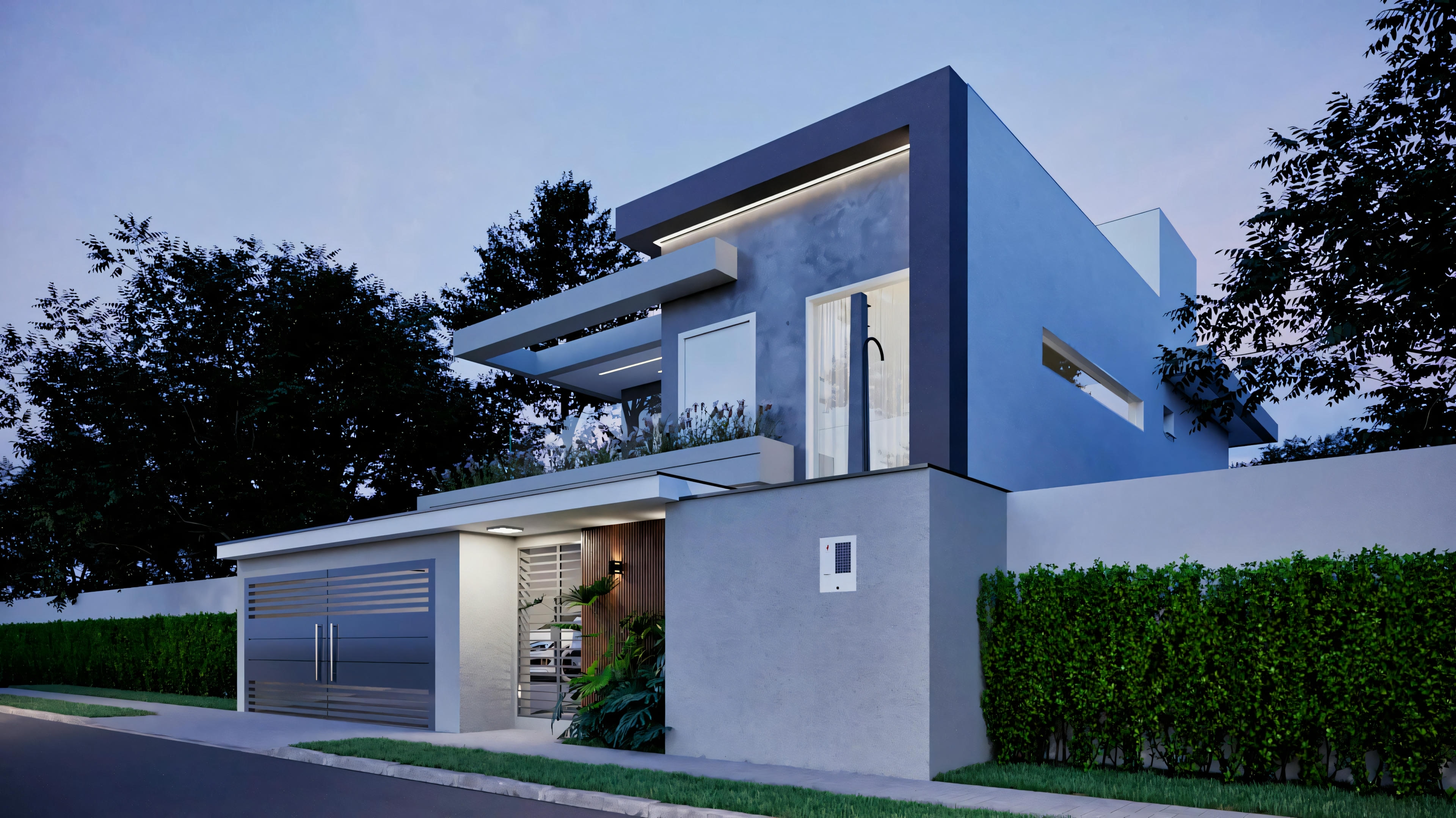 Night view of the entrance and side of ArchShop modern residential project, highlighting the facade lighting. Contemporary house with 3 suites, pool, gourmet area, 250.56sqm, modern gate and landscaping. Ideal for 12x25 lot.