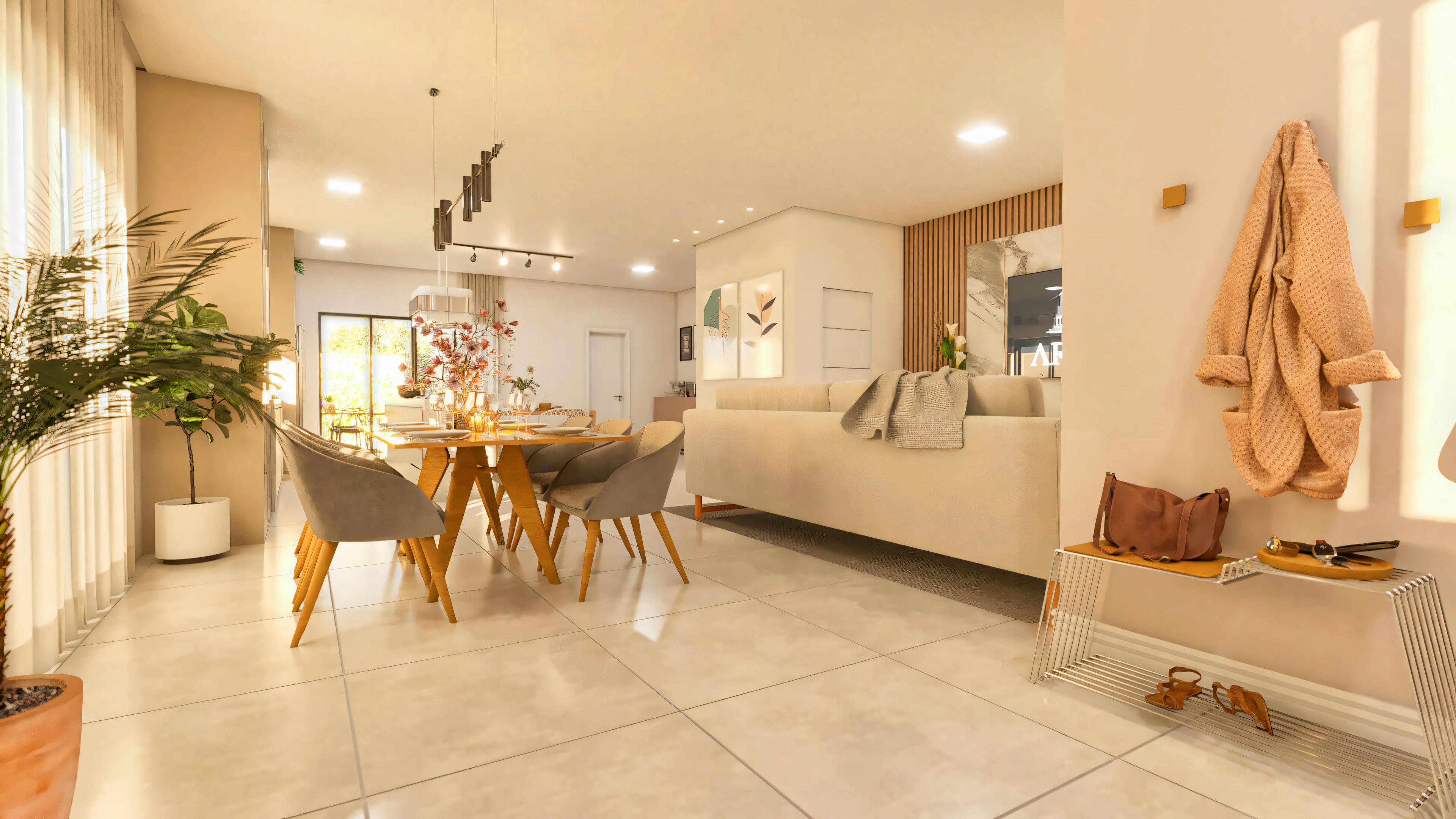 Ambiente interno de la casa de dos pisos moderna en terreno 10x25, mostrando la sala de estar y comedor integrados. Decoración contemporánea, piso en porcelanato e iluminación moderna.